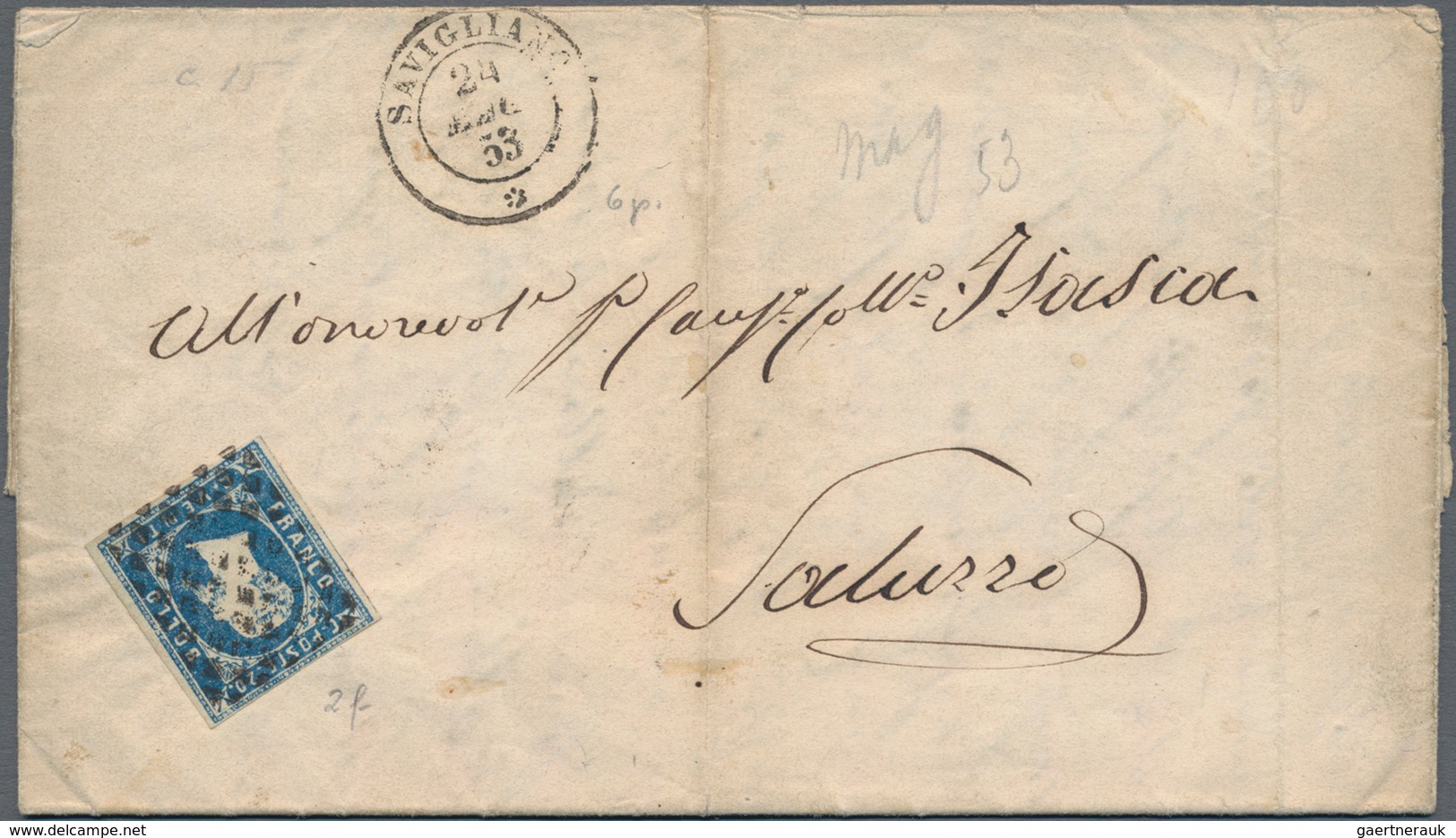 Italien - Altitalienische Staaten: Sardinien: 1851, 20 C Blue Each Single Franking On Three Folded L - Sardinien