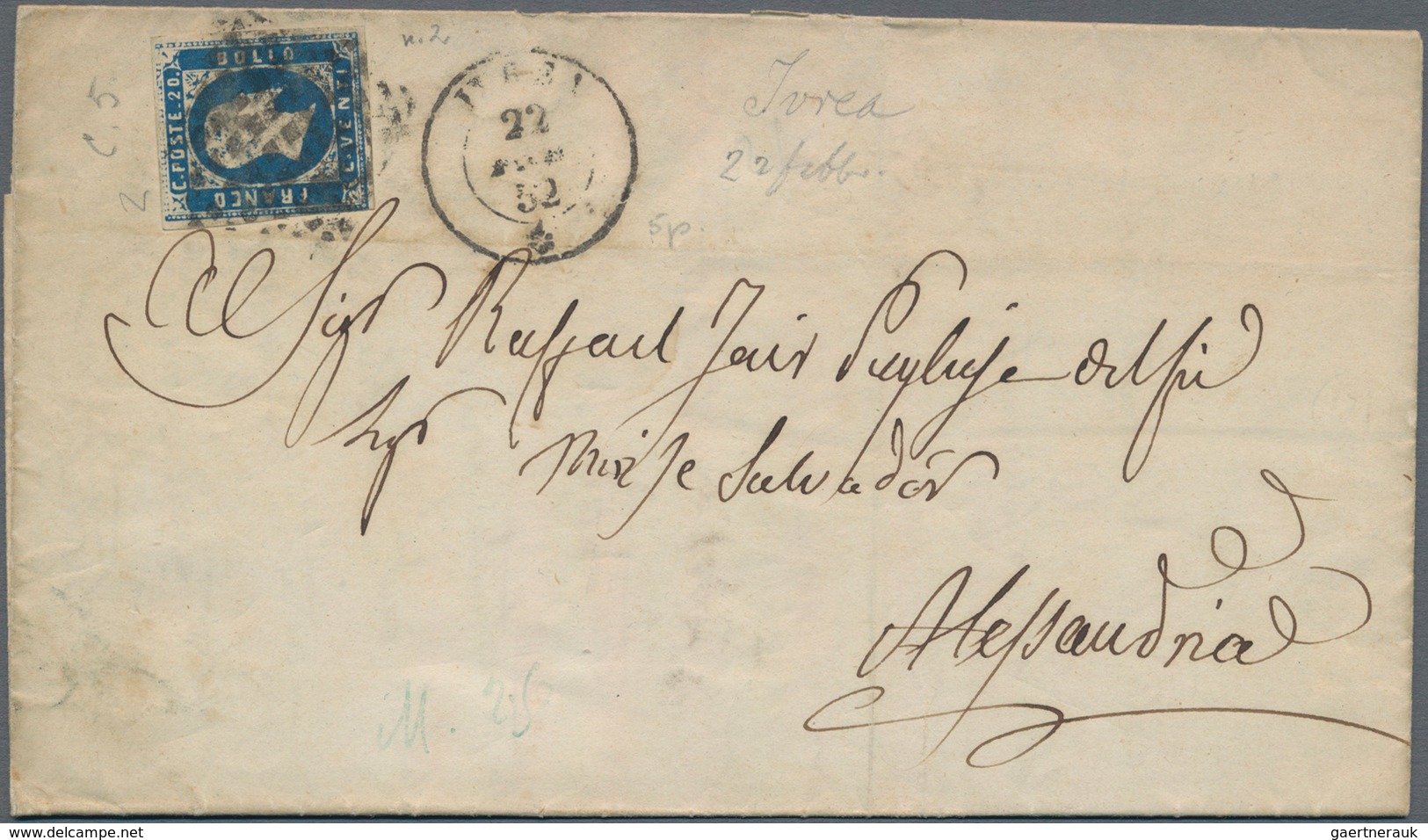 Italien - Altitalienische Staaten: Sardinien: 1851, 20 C Blue Each Single Franking On Three Folded L - Sardinien