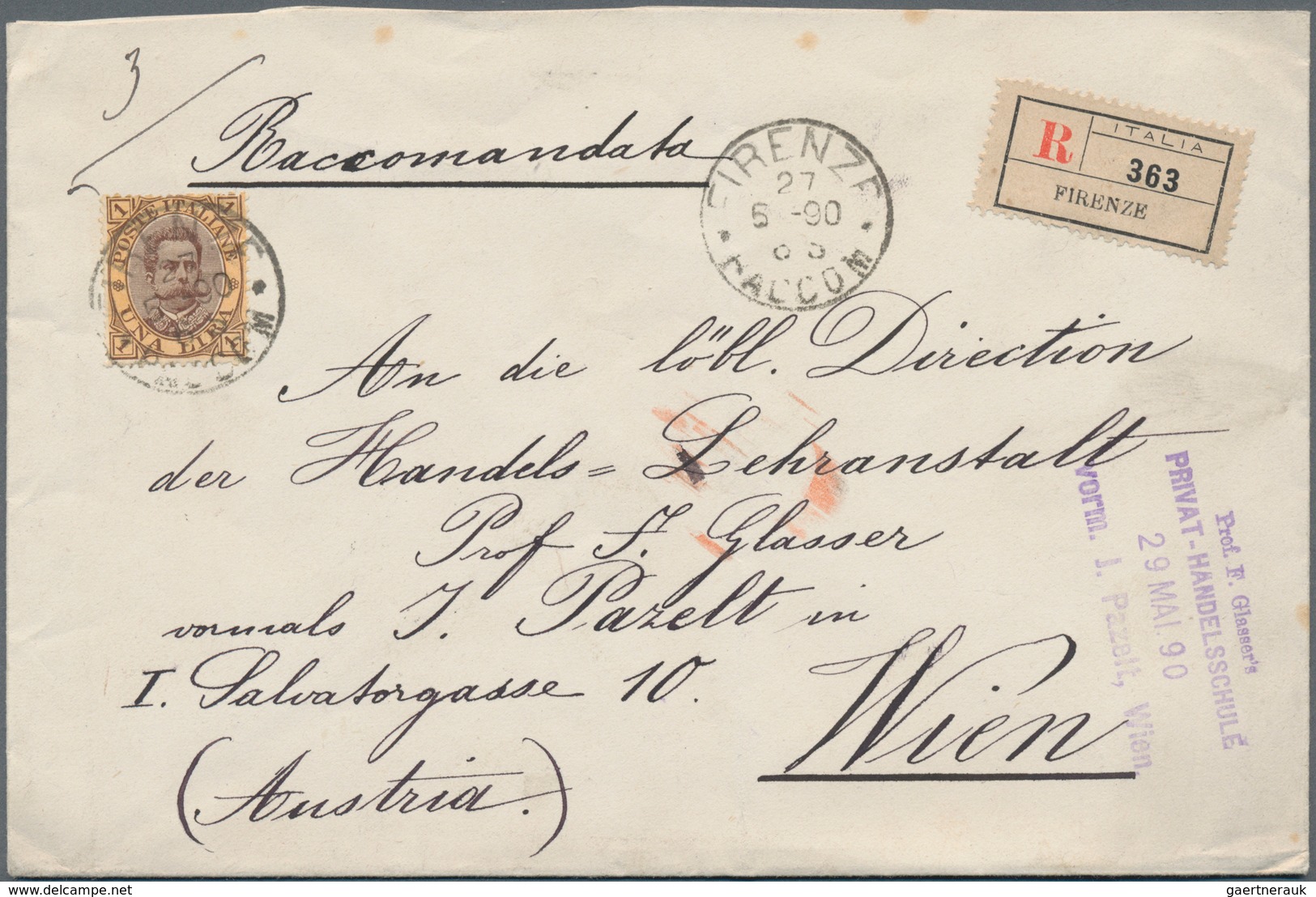 Italien: 1890: 1 Lire Brown/orange-yellow, Single Franking, On Registered Letter From Florence To Vi - Gebraucht