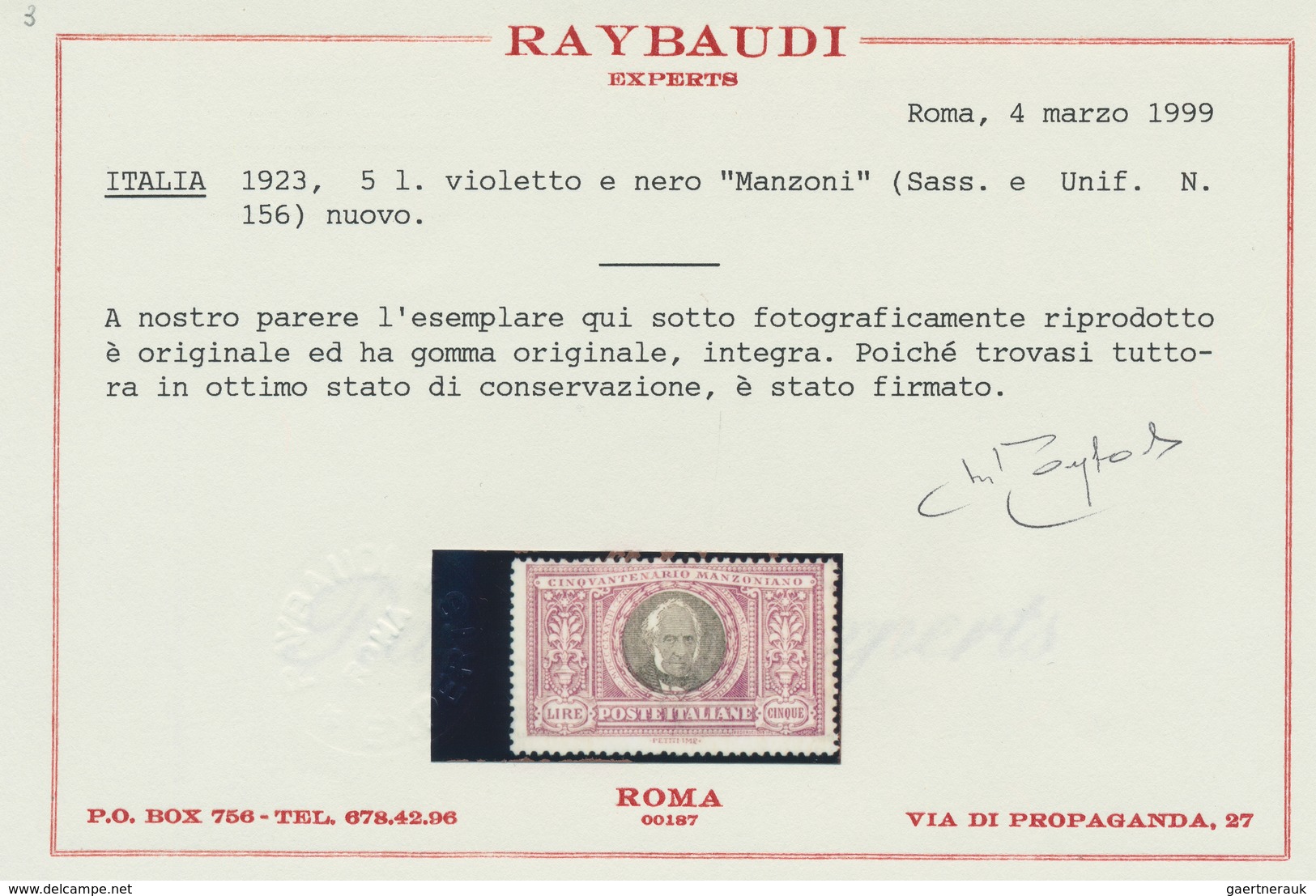 Italien: 1923, "5 L. Manzoni", The Top Value MNH With Excellent Perforation, Perfect Condition, In F - Oblitérés