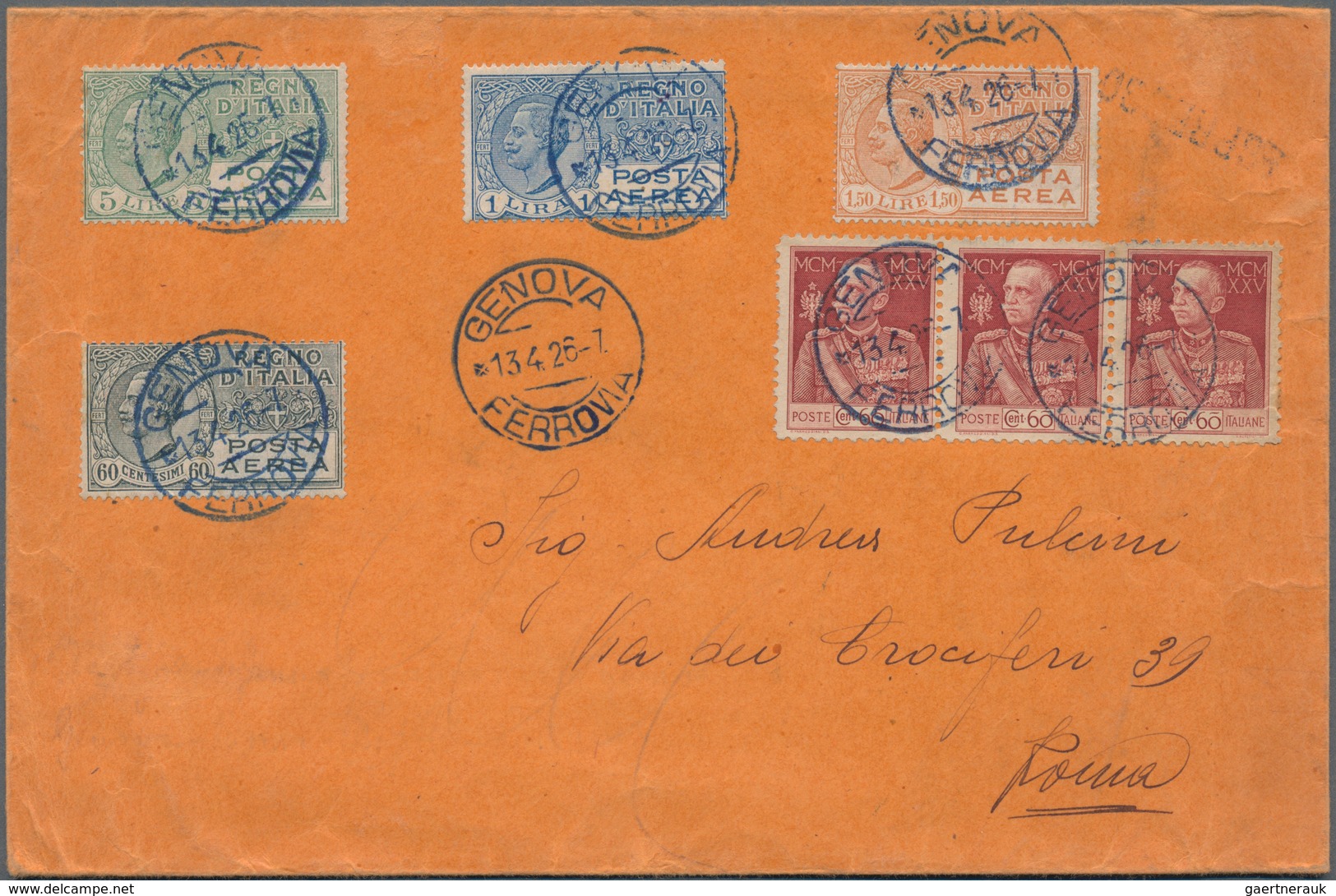 Italien: 1926. Three Air Mail Letters From Genua Or Rome Within Italy Each Franked With The Complete - Oblitérés