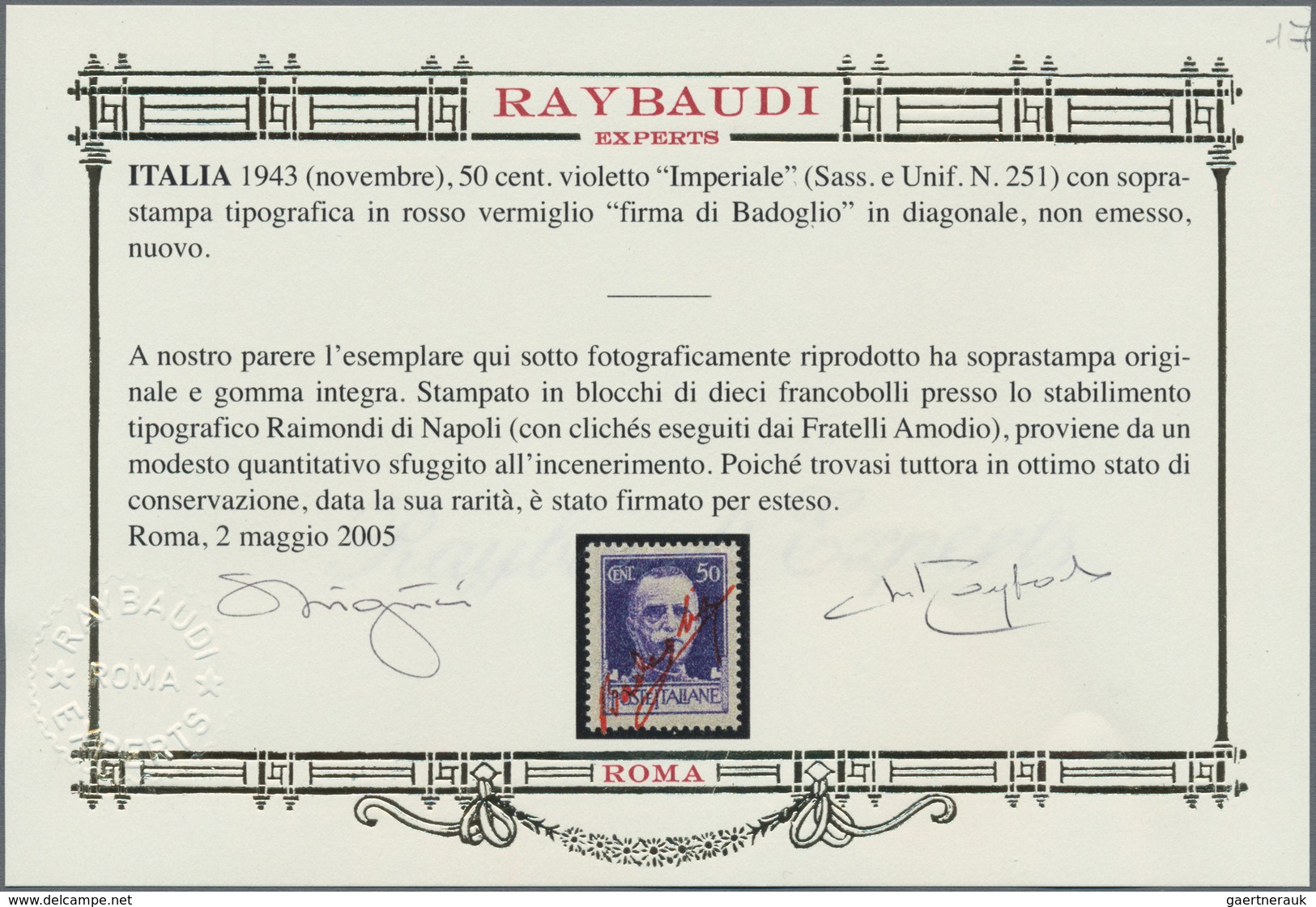 Italien: 1943, 50 Cent. Violet King Viktor Emanuel III. With Vermilion Red Overprint "firma Di Badog - Oblitérés