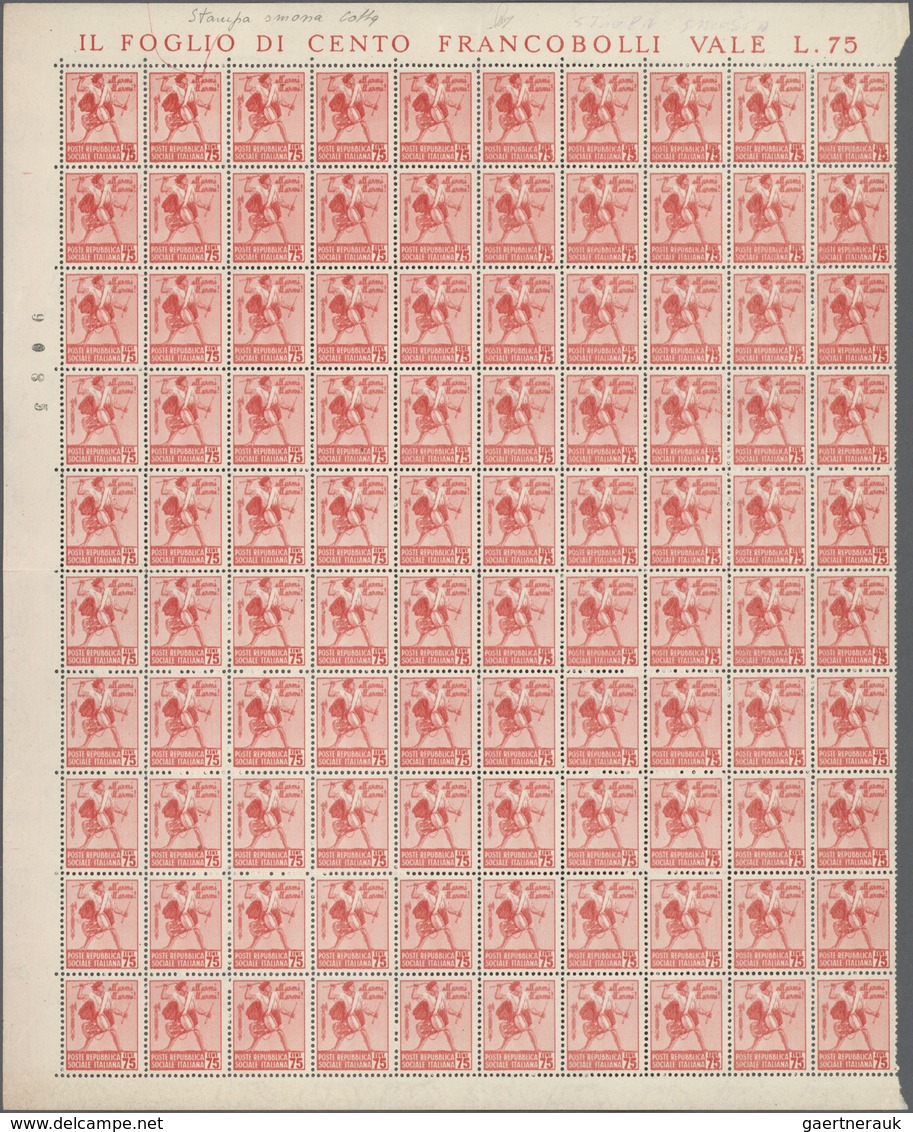 Italien: 1944, 75c. Carmine With Variety "slightly Blurred Printing", Sheet Of 100 Stamps (folded An - Oblitérés