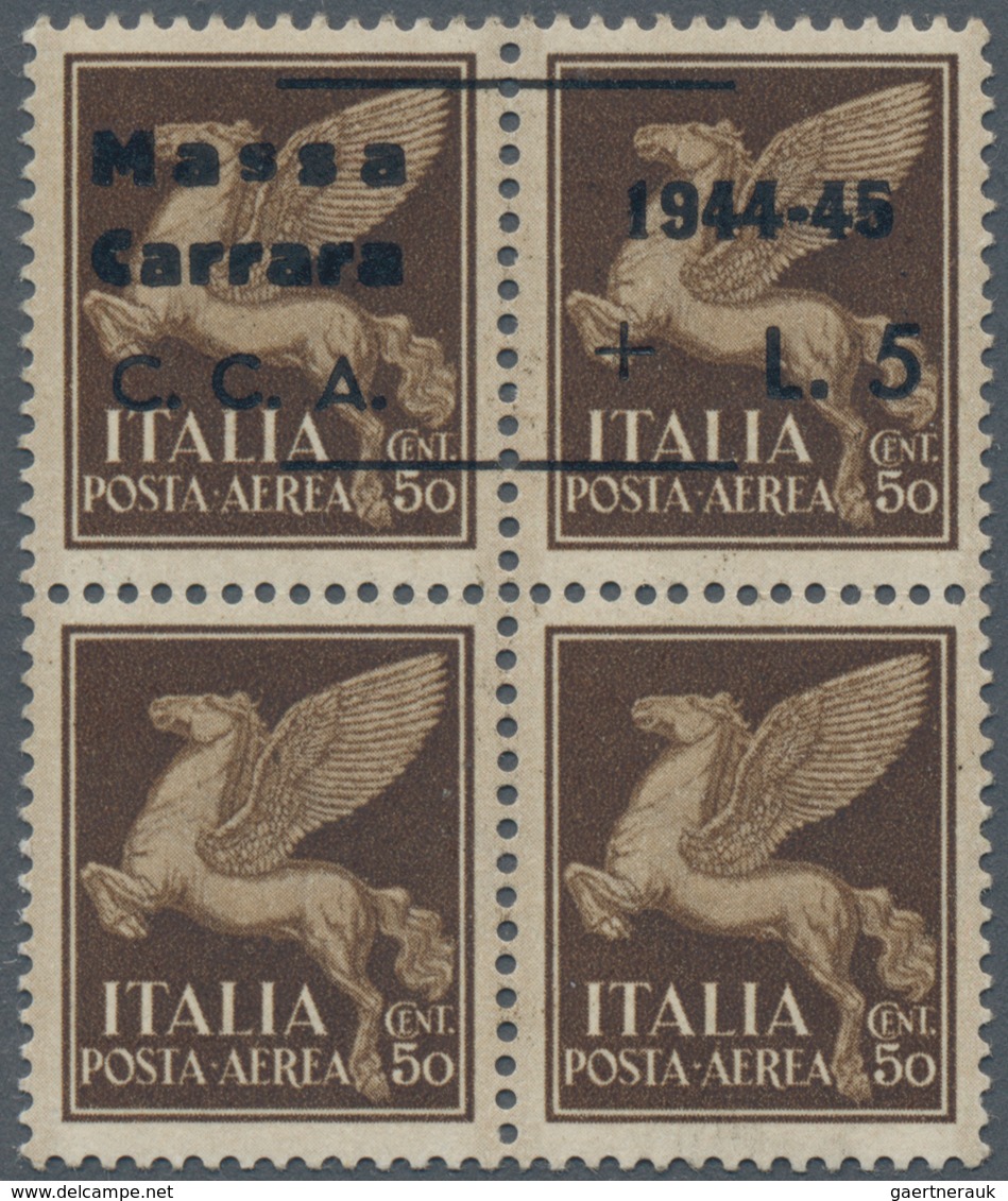 Italien: 1945, C.L.N. MASSA CARRARA Local Issue, 5 Lire On 50 C Brown Airmail Stamp, Block Of Four W - Oblitérés