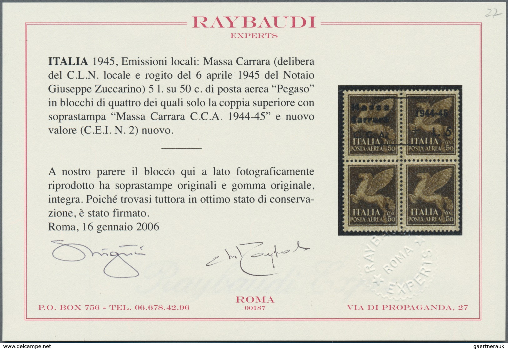 Italien: 1945, C.L.N. MASSA CARRARA Local Issue, 5 Lire On 50 C Brown Airmail Stamp, Block Of Four W - Oblitérés