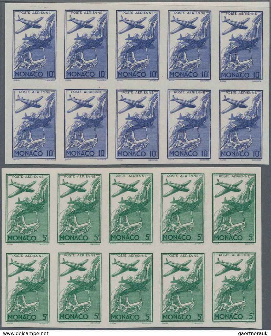 Monaco: 1942, Airmail Issue Complete Set Of Six In IMPERFORATE Blocks Of Ten, Mint Never Hinged And - Ungebraucht