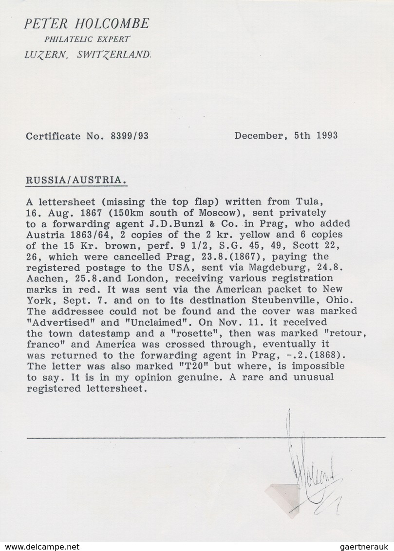 Österreich: 1867 RUSSLAND-ÖSTERREICH-USA: Chargierter Faltbrief Von Tula (RUSSLAND) Nach Steubenvill - Gebraucht