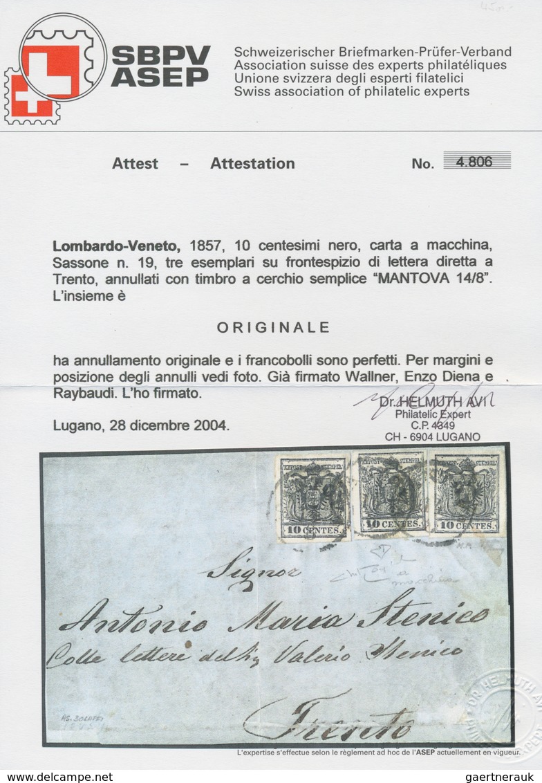 Österreich - Lombardei Und Venetien: 1857, 3 X 10 C Schwarz, Maschinenpapier, Alle Marken Vollrandig - Lombardo-Venetien