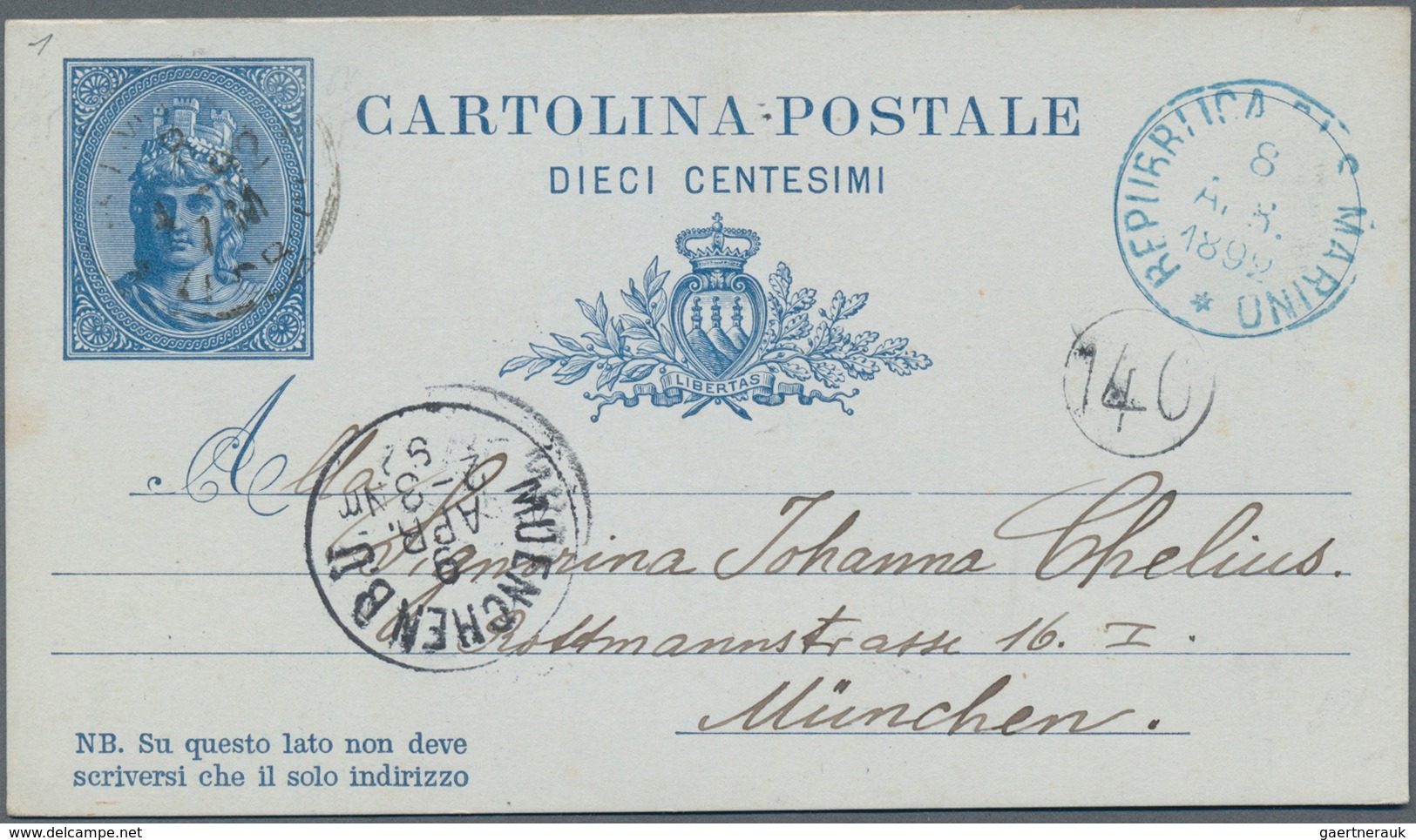San Marino - Ganzsachen: 1882: 10 C Blue Postal Stationery Card, Mint Copy With Banderole (original - Ganzsachen
