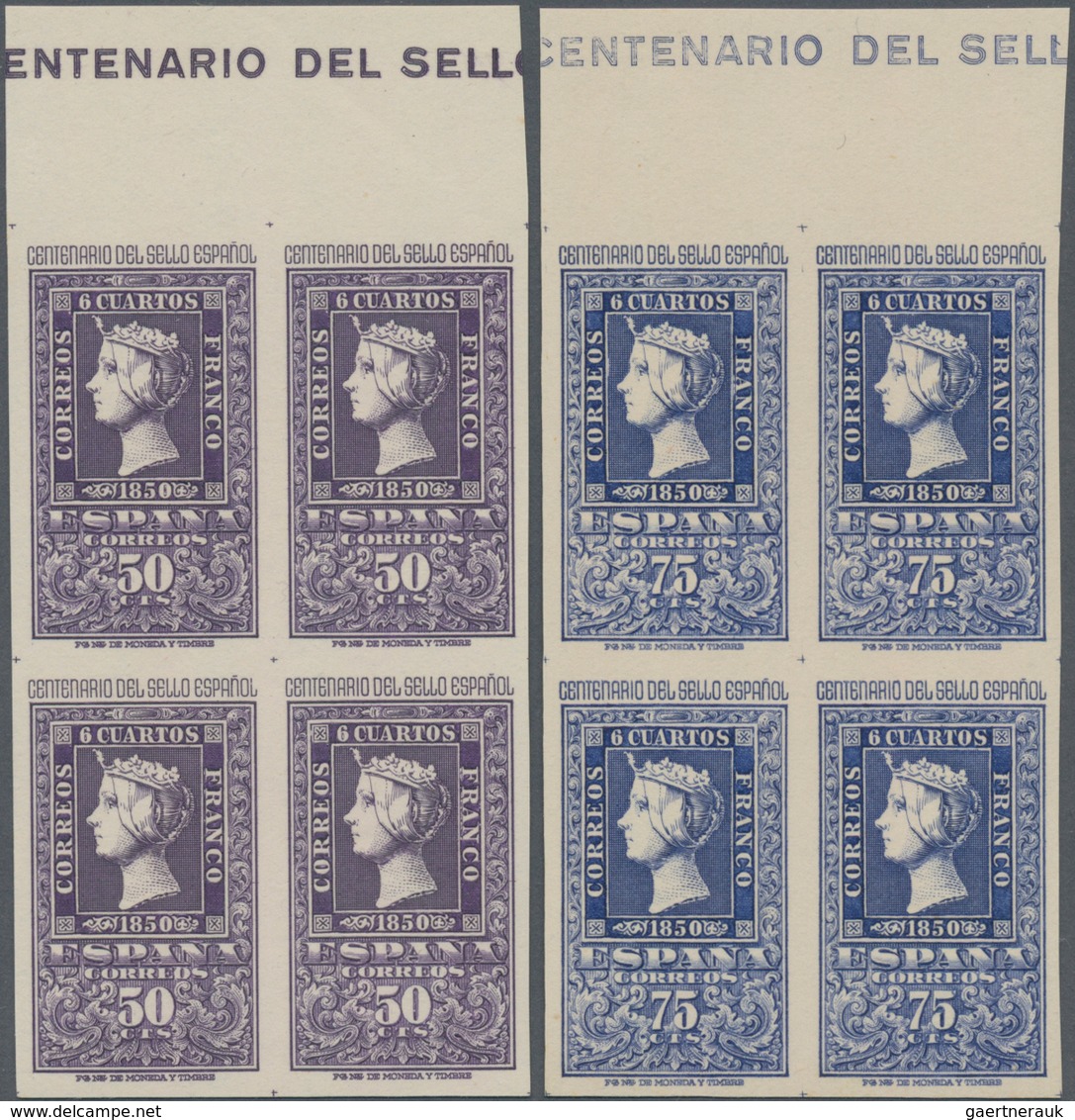 Spanien: 1950, Centenary Of Spanish Stamps Complete Set Of Eight In Blocks Of Four From Upper Margin - Gebraucht