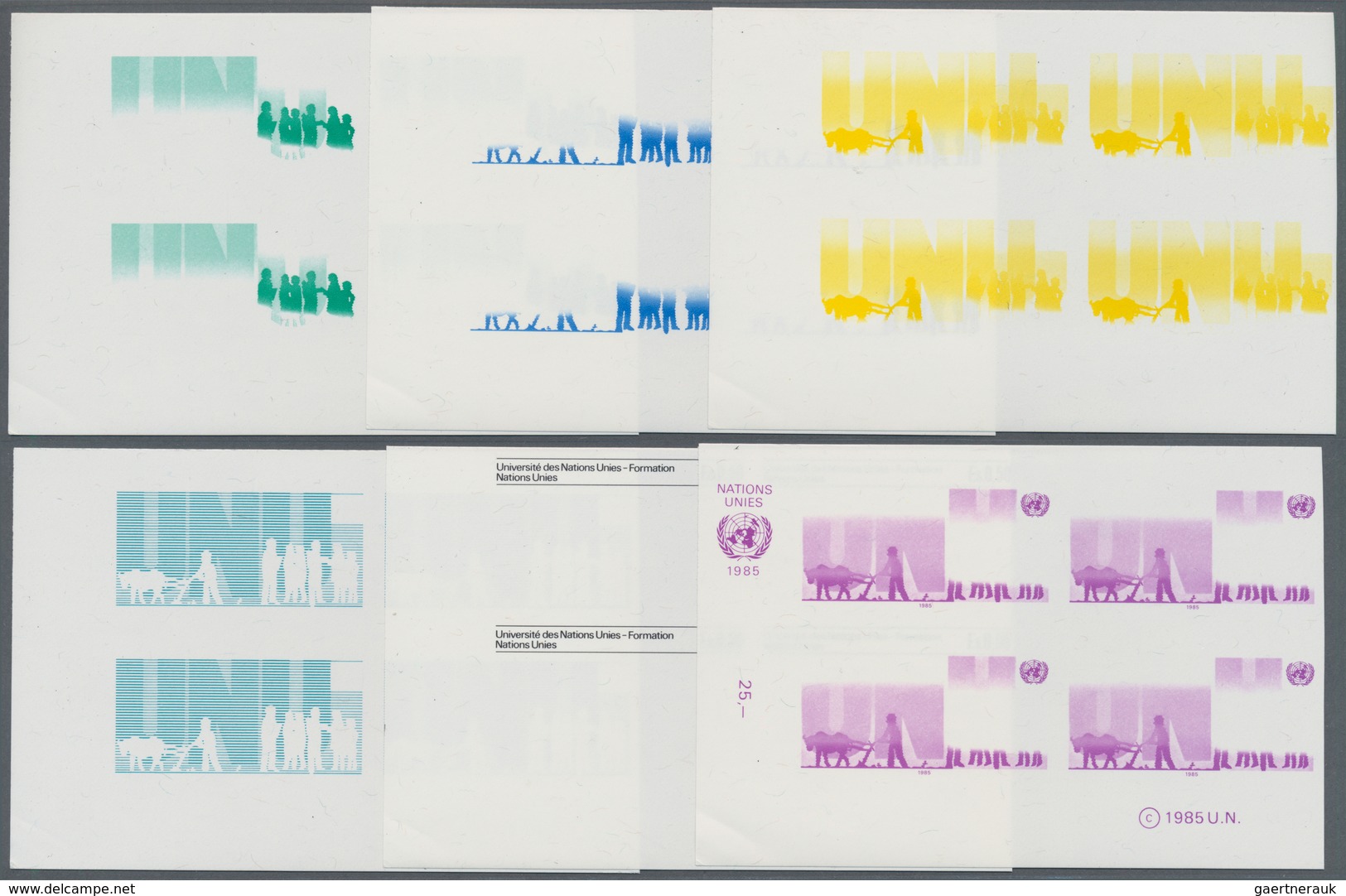 Vereinte Nationen - Genf: 1985. Progressive Proof (6 Phases) In Corner Blocks Of 4 For The 50c Value - Ungebraucht