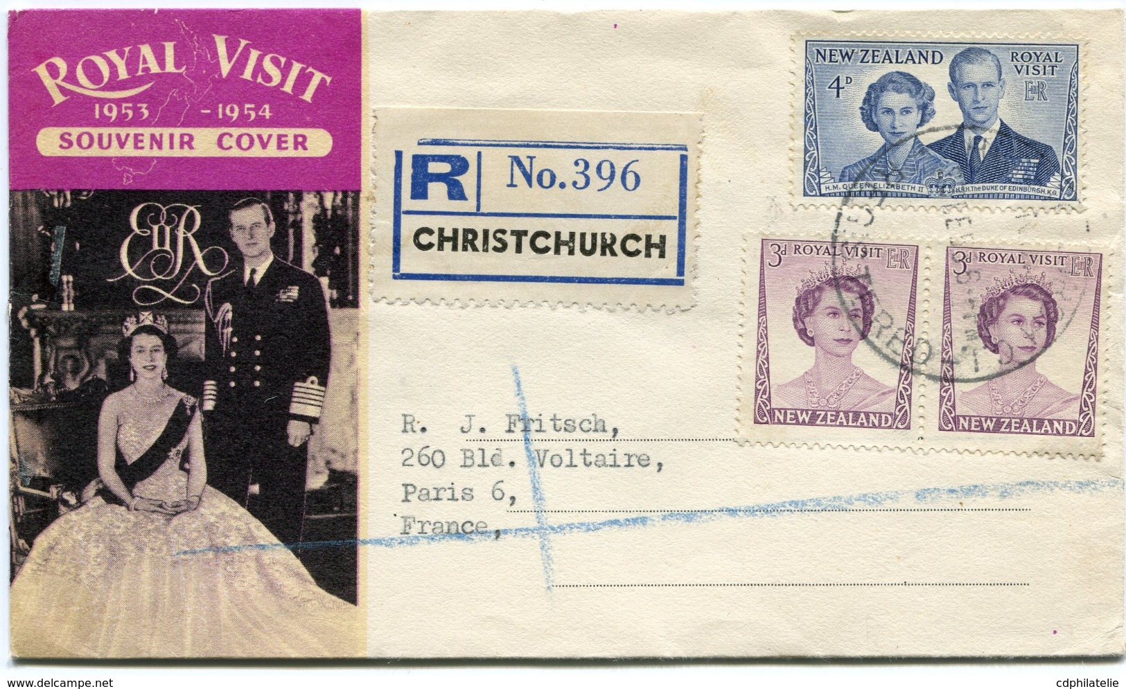 NOUVELLE-ZELANDE ENVELOPPE RECOMMANDEE "ROYAL VISIT 1953-1954" DEPART CHRISTCHURCH 3 FE 54 POUR LA FRANCE - Covers & Documents