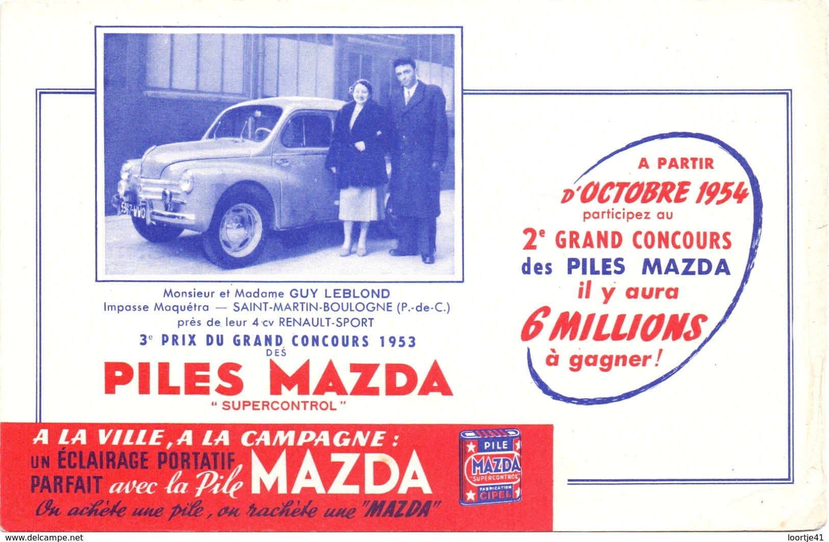 Vloeipapier Buvard - Piles Mazda - Renault Sport - Mr & Mme Guy Leblond - Saint Martin Boulogne 1953 - Batterien