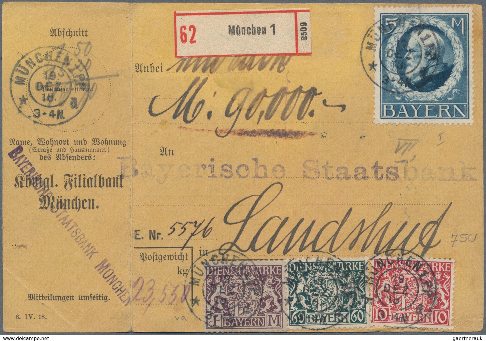 Bayern - Marken und Briefe: Bayern Pfennigzeit  1) 1890, 2 Mark gelborange auf rötlichem Papier als