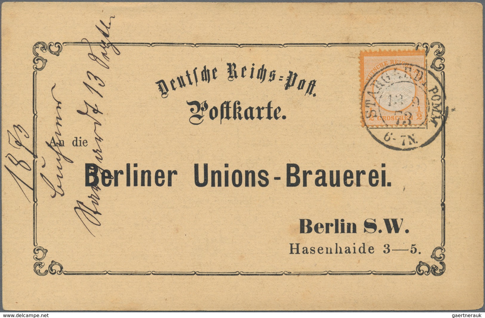 Deutsches Reich - Brustschild: 1872 Großer Schild ½ Gr Orange A. Vordruckkarte "Berliner Unions Brau - Brieven En Documenten