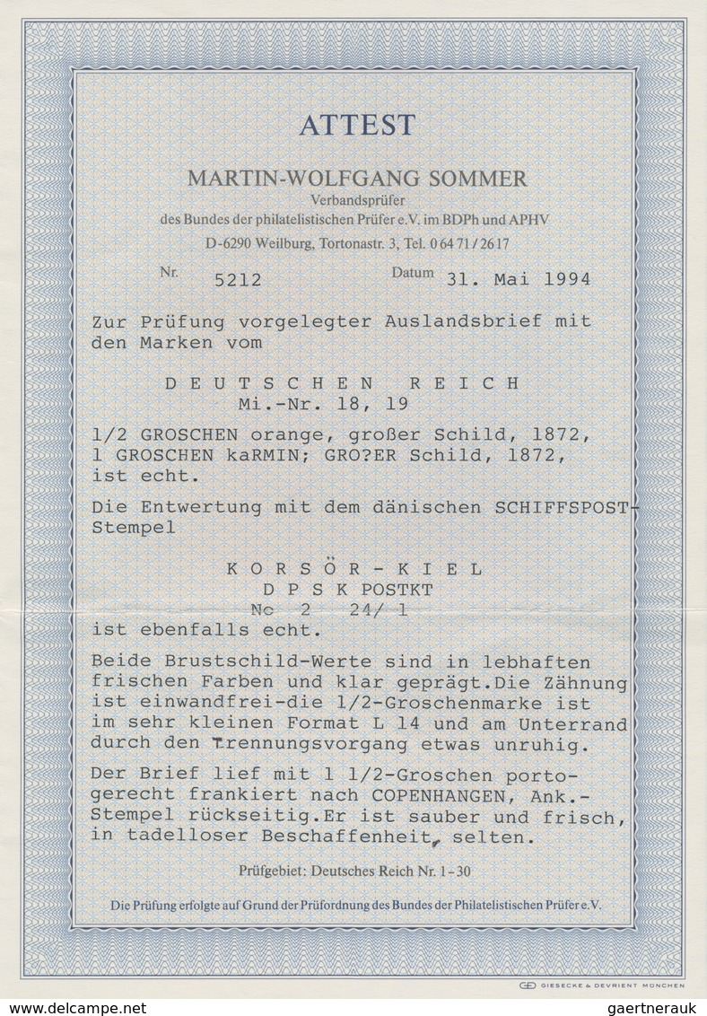 Deutsches Reich - Brustschild: 1872 Brief ½Gr.+1Gr. Mit DÄNISCHEM SCHIFFPOST-Ra3 "KORSOR KIEL DPSK P - Brieven En Documenten