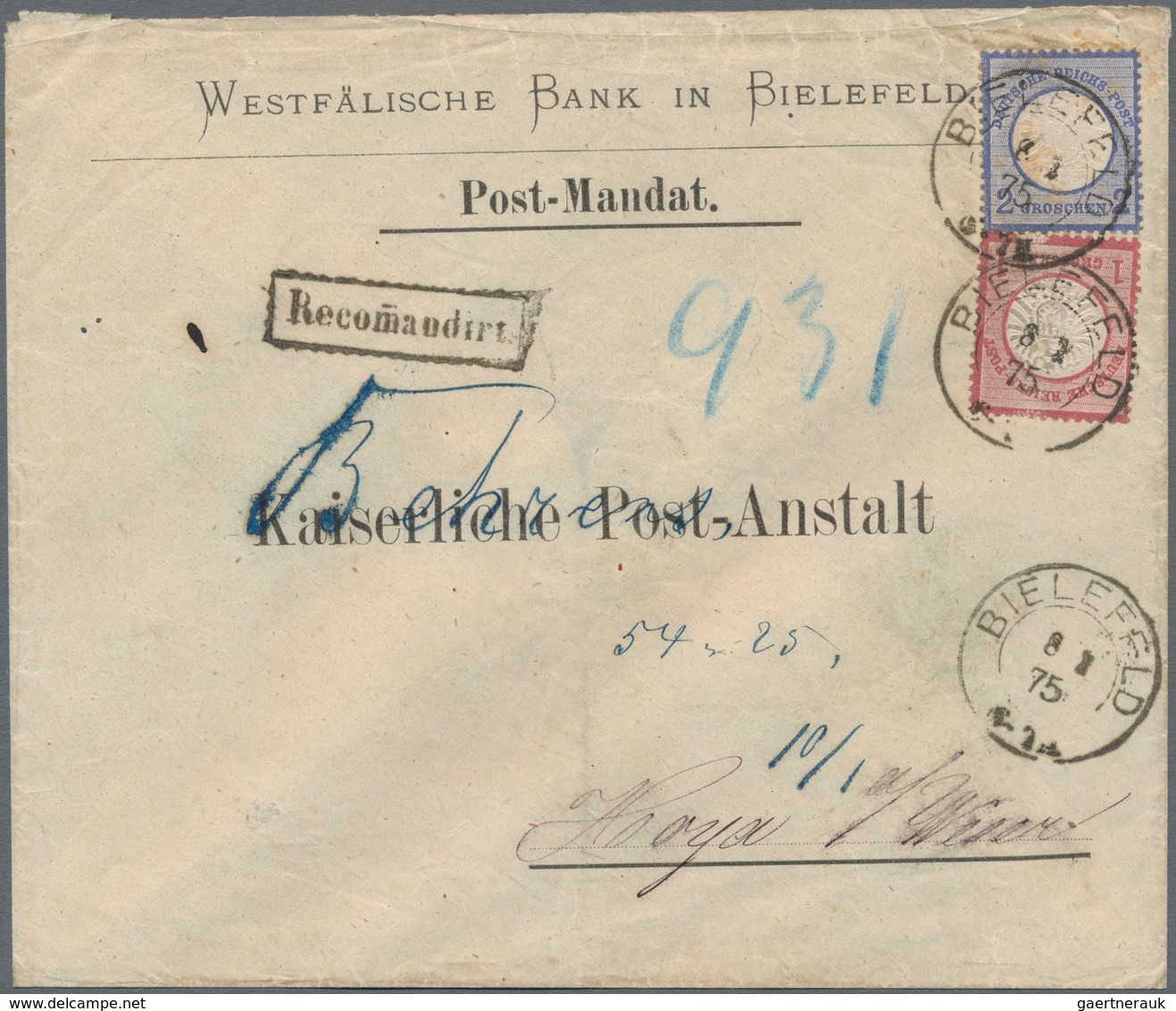 Deutsches Reich - Brustschild: 1872 Großer Schild 1 Gr. Karmin Und 2 Gr. Blau Auf Vordruck-POSTMANDA - Brieven En Documenten