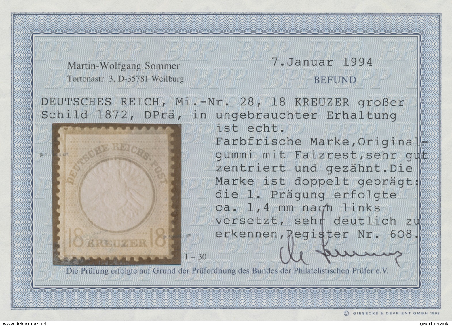 Deutsches Reich - Brustschild: 1872, Großer Schild 5 Gr. Graubraun Ungebraucht Mit Doppelprägung Des - Brieven En Documenten