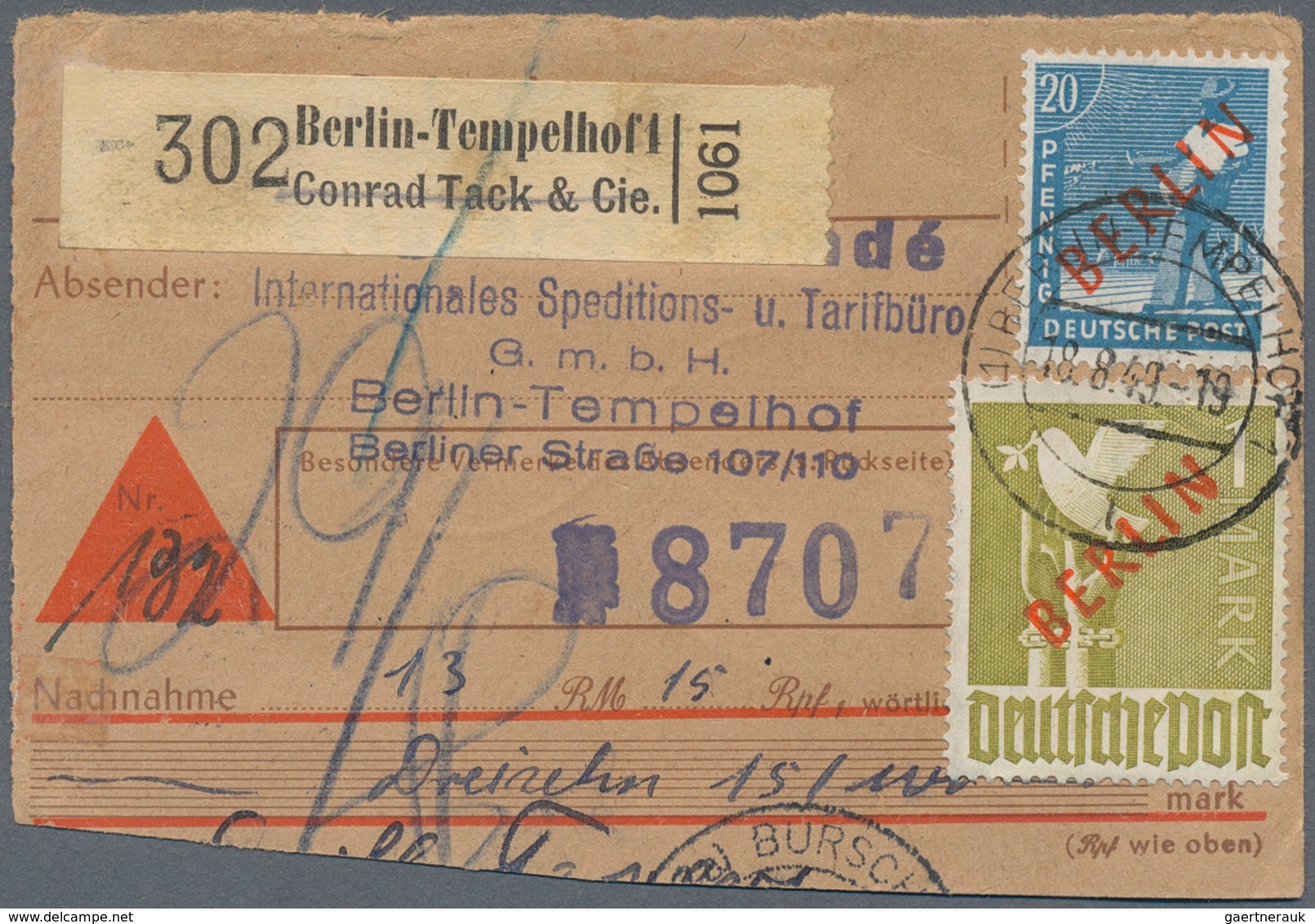 Berlin: 1949: Halbierte NACHNAHME-PAKETKARTE Mit Gebühr 7,20 DM – Dafür 20 Pf. Und 7 X 1.- DM ROTAUF - Brieven En Documenten