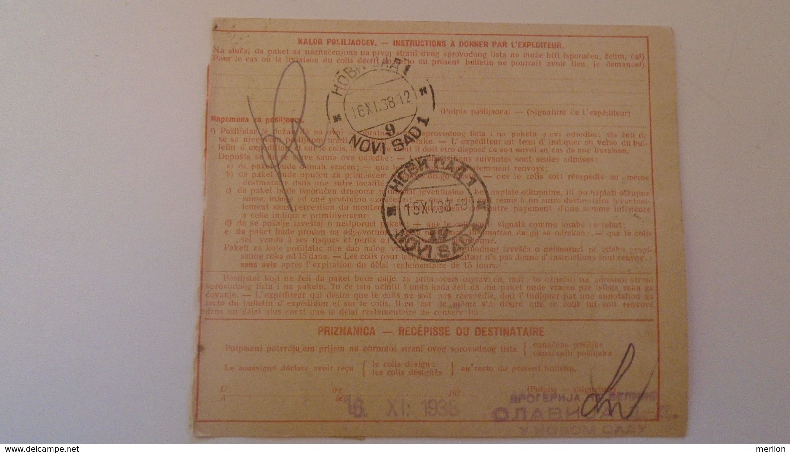 D168166  Yugoslavia - Parcel Card 1938 - Zagreb (Croatia)   - Novi Sad  -Serbia - Sonstige & Ohne Zuordnung