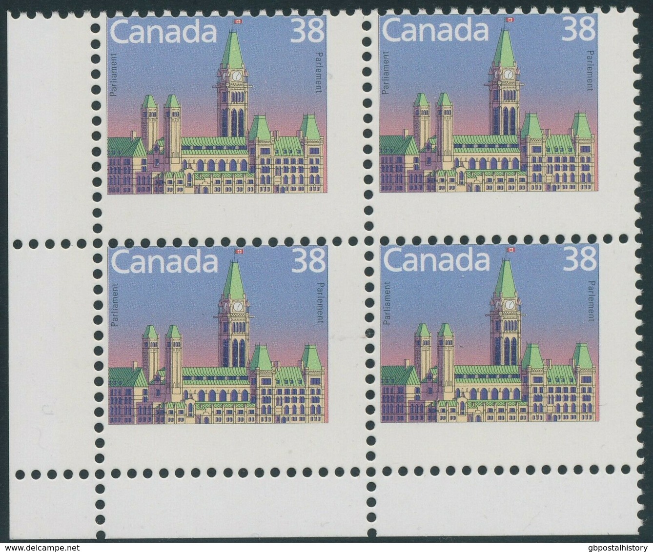 CANADA 1988 Parliament Building Ottawa 38 C U/M Block Of 4 VARIETY MISPERFORATED - Plaatfouten En Curiosa