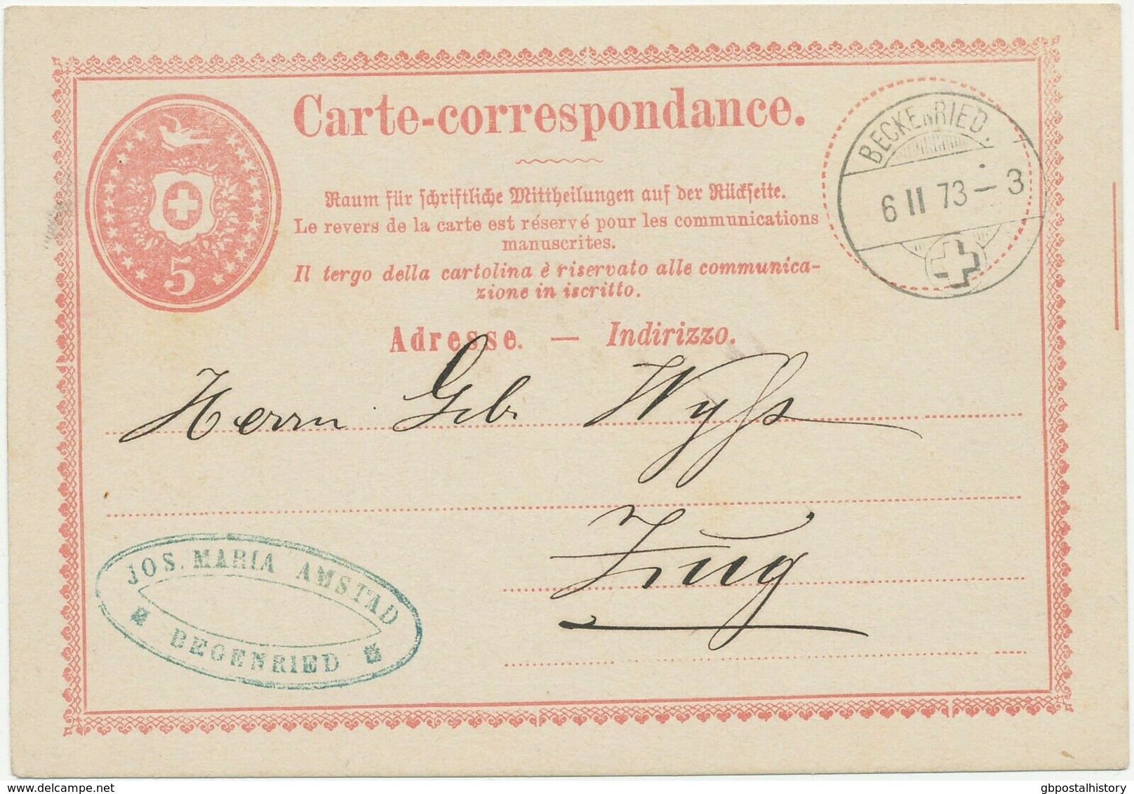 SCHWEIZ 1873 5 C Brieftaube Karminrosa GA M. Klarer Steg-K1 "BECKENRIED" ABART - Abarten