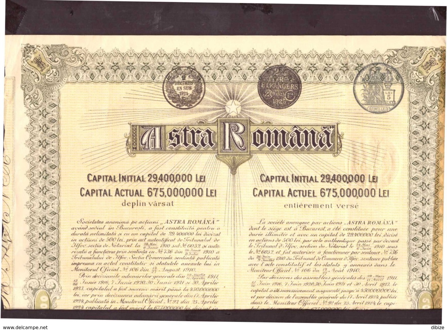 România. Acțiune 500 Lei Către Purtător. Firma Anonimă Astra Românâ. 1925. + 17 Cupoane. Stare Medie. - A - C