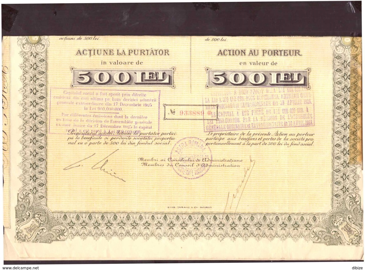 România. Acțiune 500 Lei Către Purtător. Firma Anonimă Astra Românâ. 1925. + 17 Cupoane. Stare Medie. - A - C