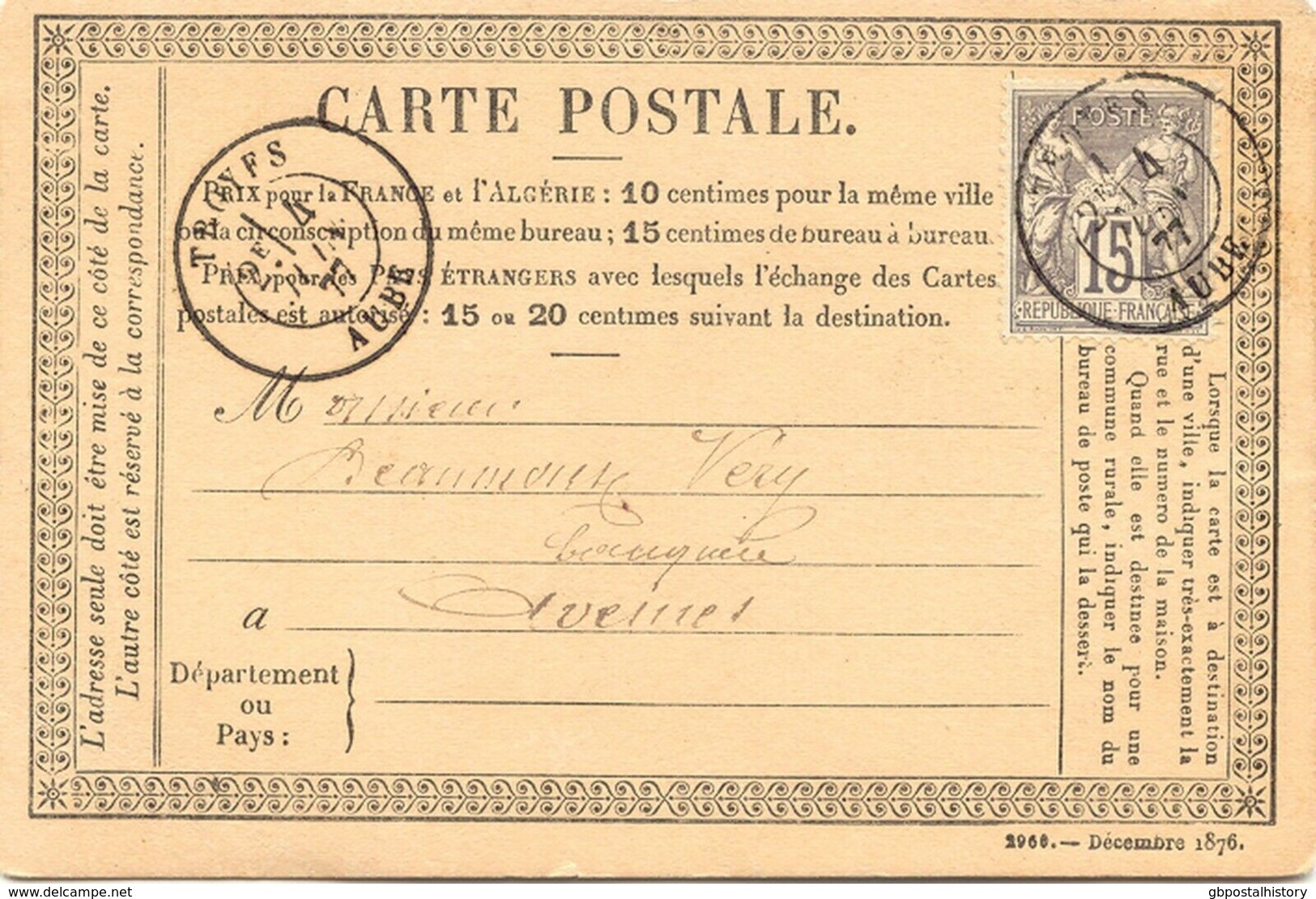 FRANKREICH 1877 Carte Postale Prix 10 Centimes Selt. Kab.-GA-Postkarte-Vorläufer - Cartoline Precursori