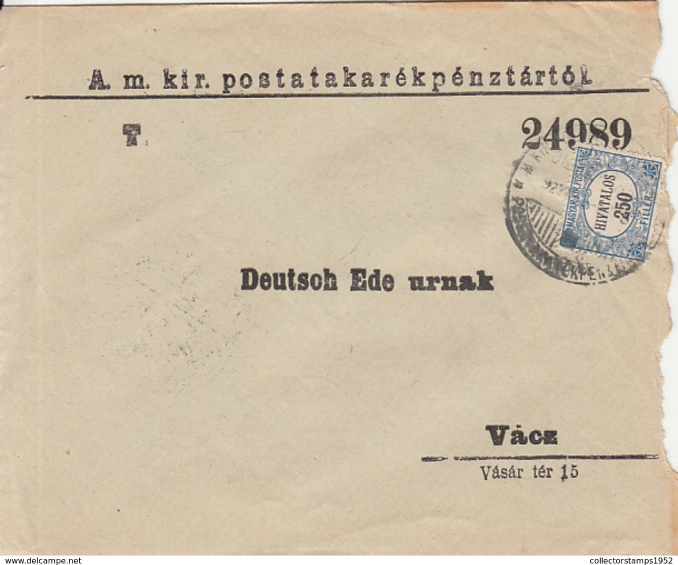 7344FM- 250 FILLER OFFICIAL STAMP ON POST SAVINGS BANK HEADER COVER, 1922, HUNGARY - Dienstzegels