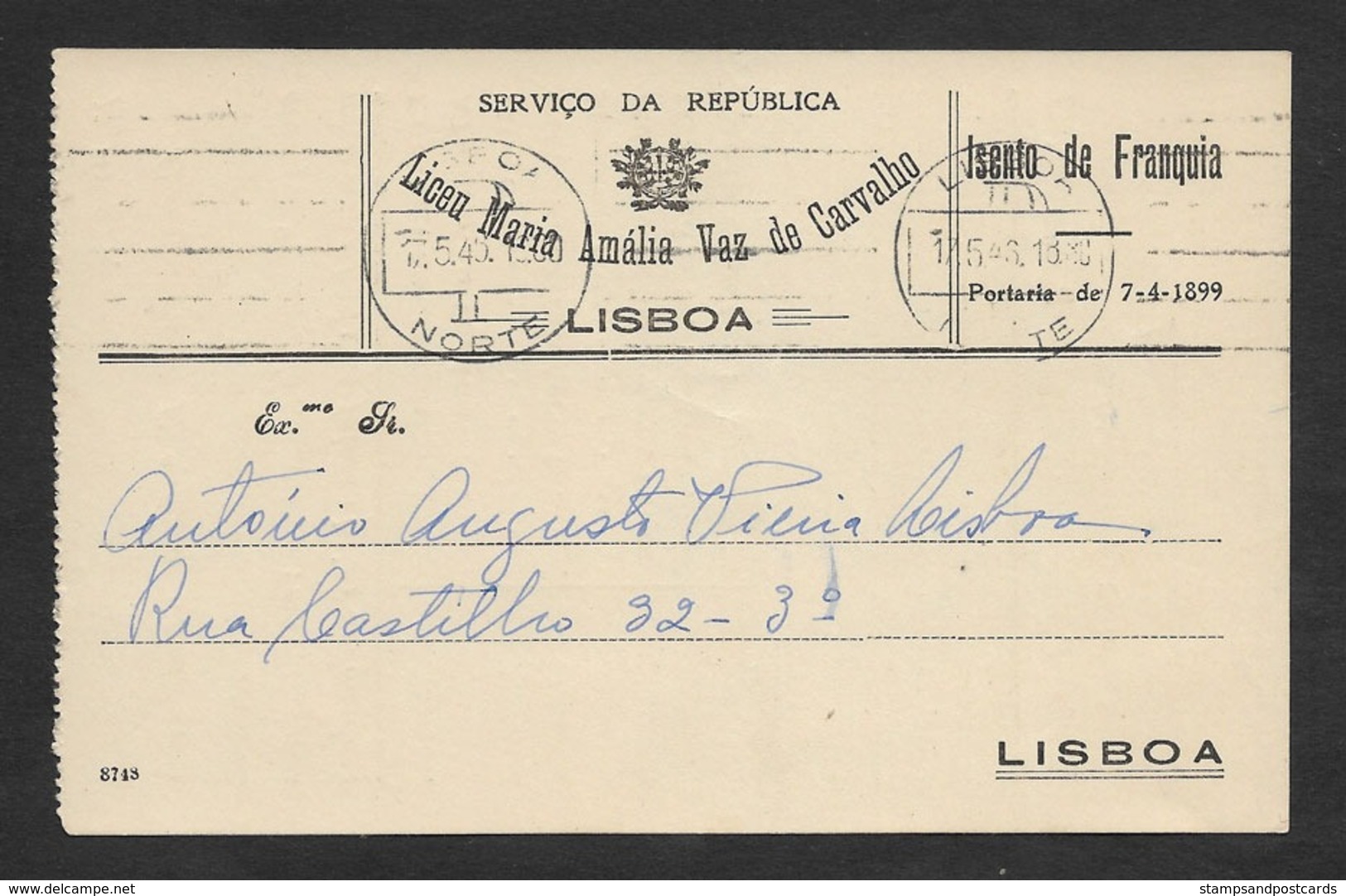 Portugal Entière Carte Officielle SR Ecole Maria Amalia Vaz De Carvalho 1945 Official Stationery Card School - Lettres & Documents