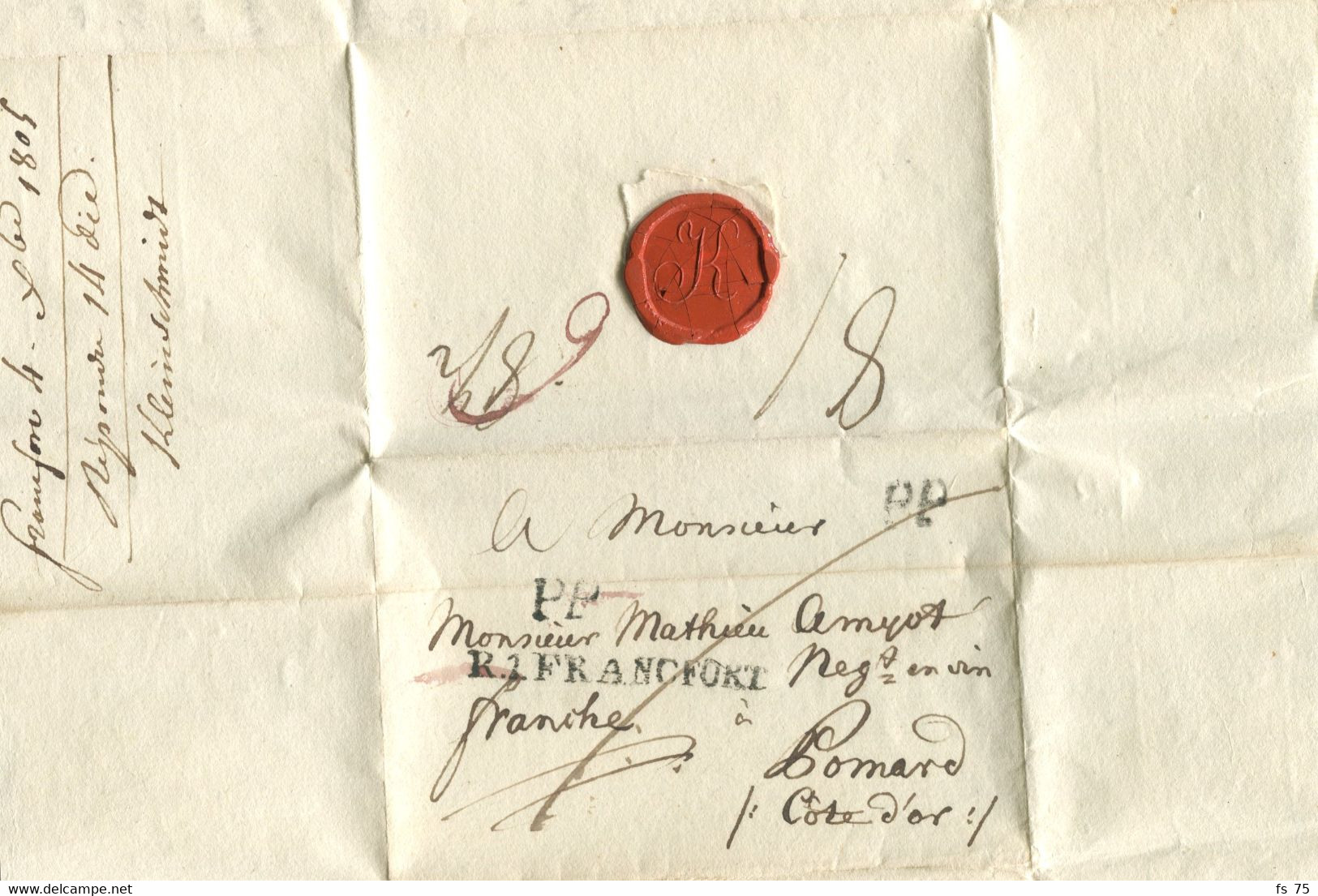 ALLEMAGNE - R.1 FRANCFORT + PP SUR LETTRE AVEC TEXTE POUR LA FRANCE, 1805 - Vorphilatelie