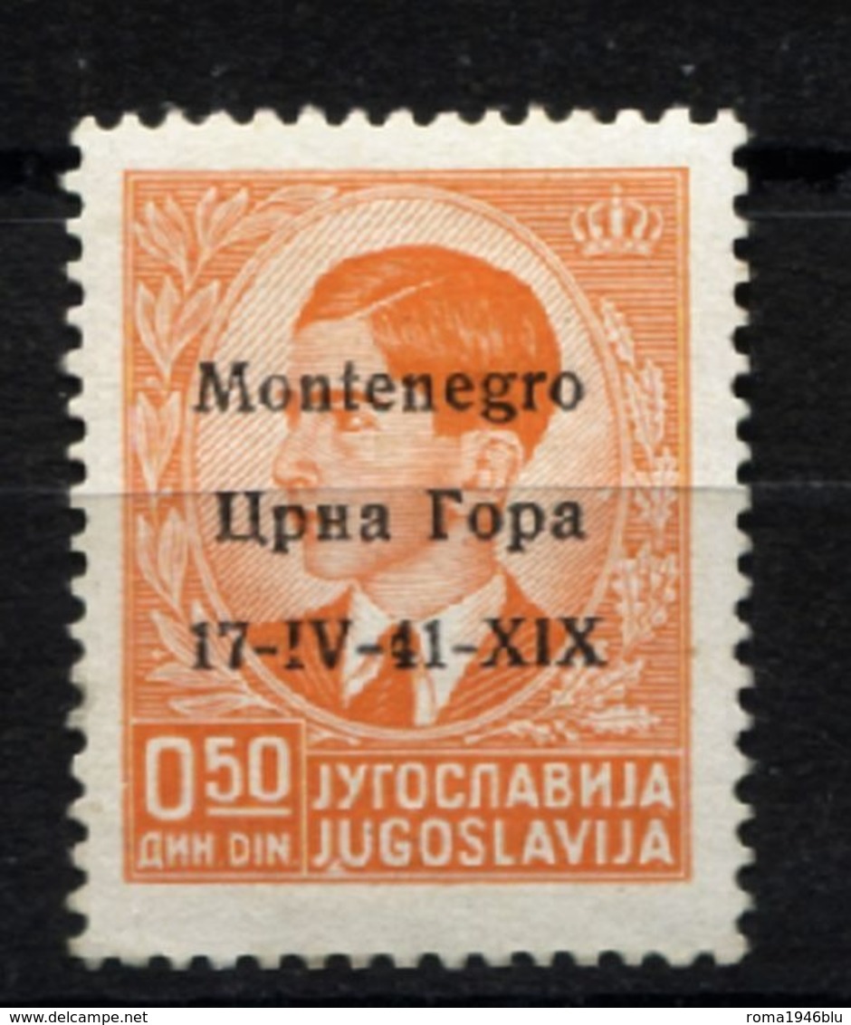 MONTENEGRO 1941 50 P. ARANCIO DI JUGOSLAVIA  SOPR. SU 3 RIGHE NON EMESSO VARIETA' N. 14APA** MNH C.ORO RAYBAUDI - Montenegro