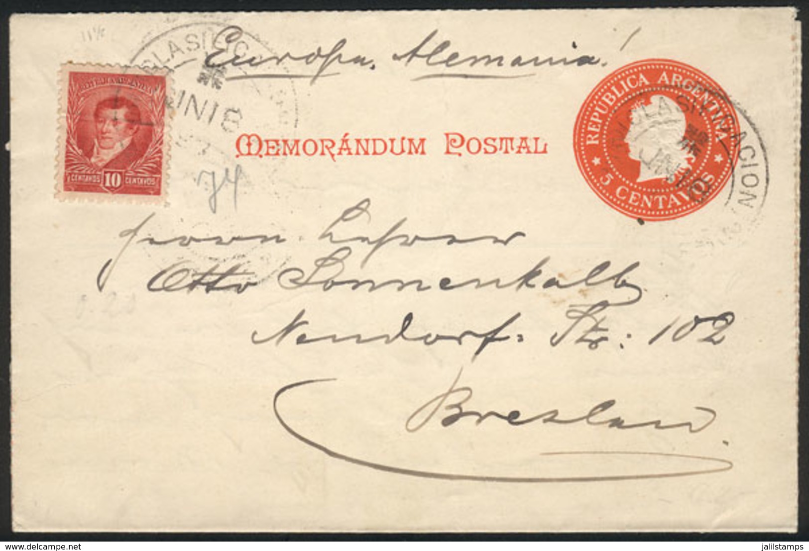 ARGENTINA: GJ.SZC- 3 Memorandum Postal (lettersheet) Uprated With 10c. (total 15c.) Sent To Germany On 18/JUN/1899, Exce - Sonstige & Ohne Zuordnung