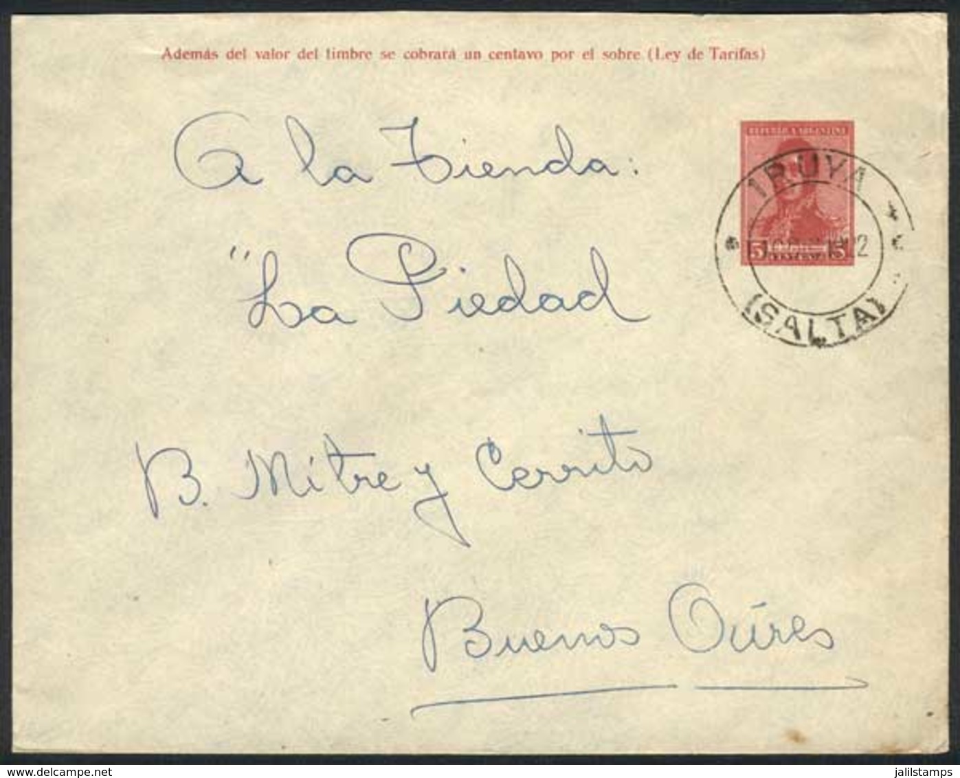 ARGENTINA: 5c. PS Cover Sent To Buenos Aires On 10/DE/1922, With Interesting Double Circle IRUYA (Salta) Cancel, VF Qual - Sonstige & Ohne Zuordnung