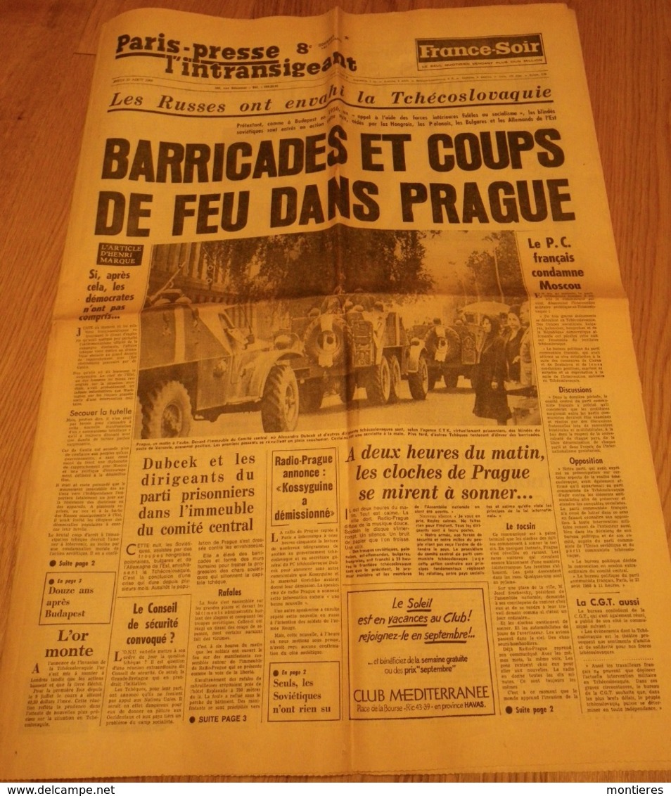 PARIS PRESSE L'INTRANSIGEANT 22 Août 1968 Les Russes Ont Envahis La Tchécoslovaquie - Barricades Dans Prague - Allgemeine Literatur