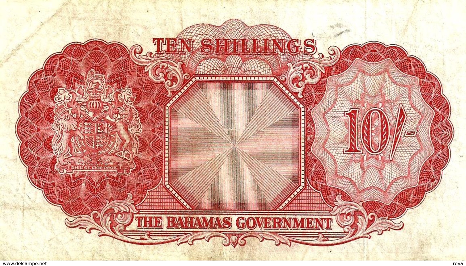 BAHAMAS ISLANDS BRITISH 10 SHILLINGS RED WOMAN QEII HEAD SHIP FRONT ARMS BACK ND(1953) AVF P.14a READ DESCRIPTION !! - Bahamas