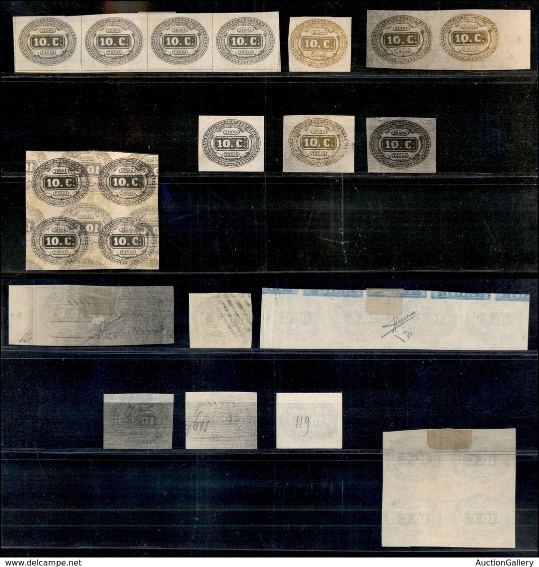 REGNO - Segnatasse - 1863 - Prove Di Stampa - 10 Cent (tipo 1) - Quattro Singoli + Una Coppia + Striscia Di 4 + Quartina - Altri & Non Classificati