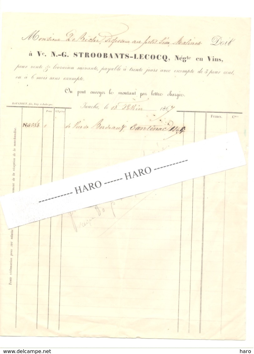 Facture (2 Volets ) Ve N.-G. STOOBANTS - LECOQ Négociantes En Vins - JAUCHE 1867 (b263) - 1800 – 1899