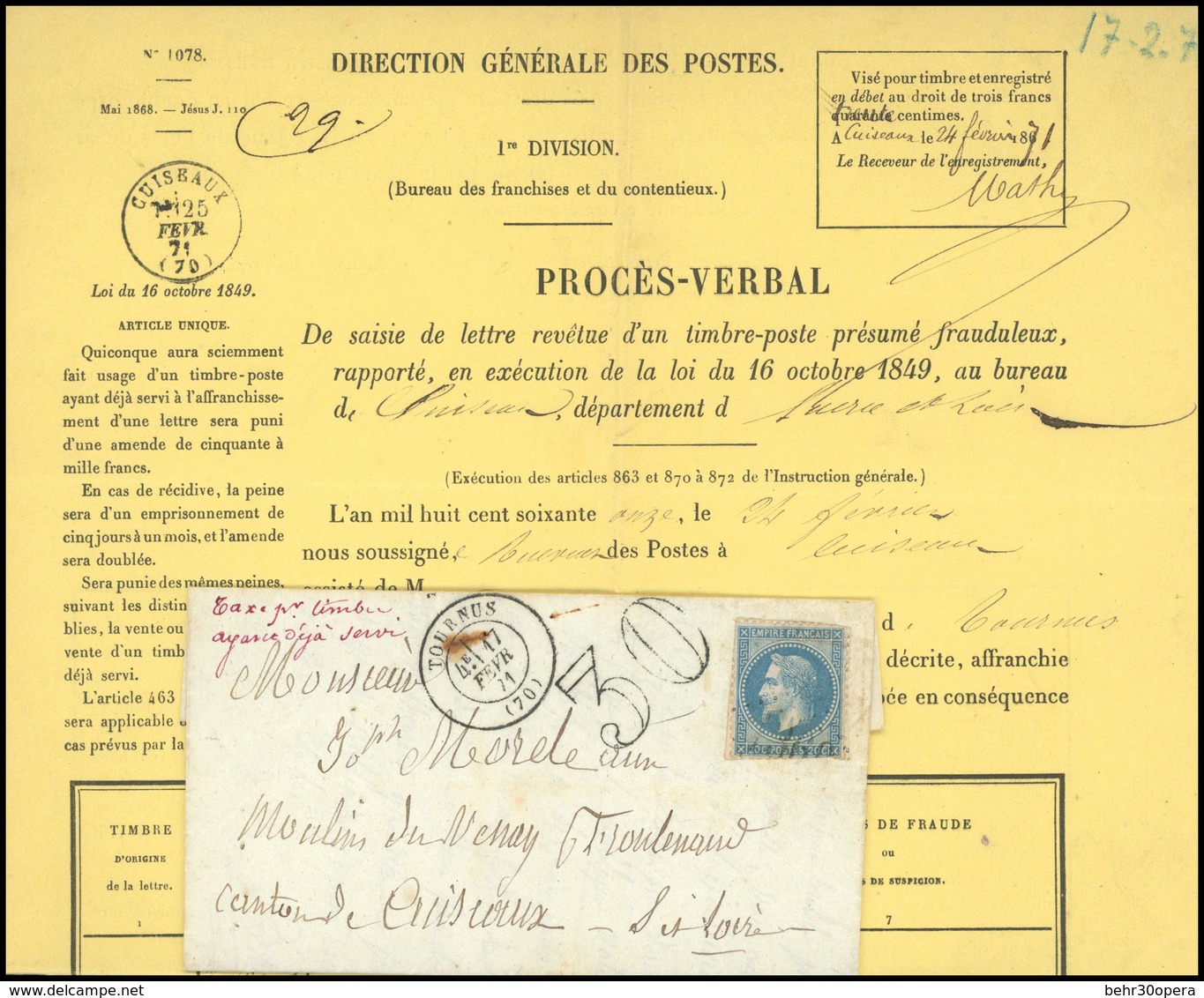 O N°29A, 20c. Bleu S/lettre Frappée Du CàD De TOURNUS Du 17 Février 1871 à Destination CUISEAUX. Timbre Ayant Déjà Servi - 1863-1870 Napoléon III Lauré