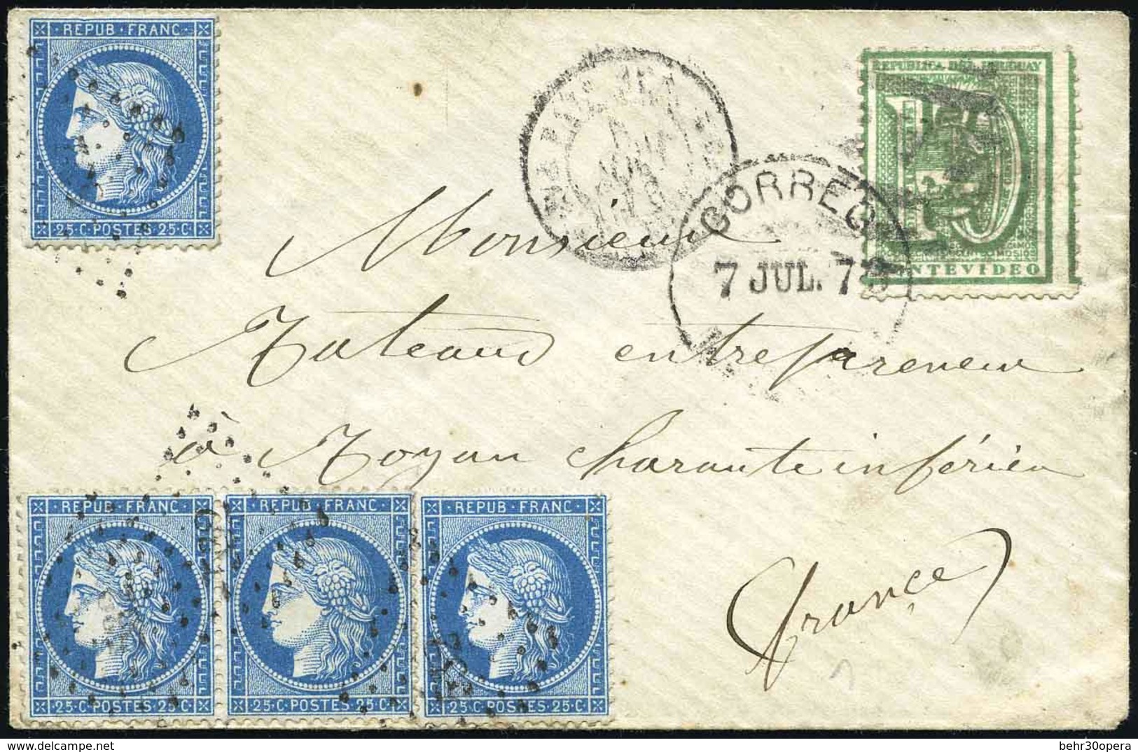 O N°60, Paire Du 25c. Bleu + 2 Unités + URUGUAY N°31 10c. Vert Obl. PC 532 S/lettre Frappée Du CàD ''CORREOS 7 JUL. 73'' - 1871-1875 Cérès