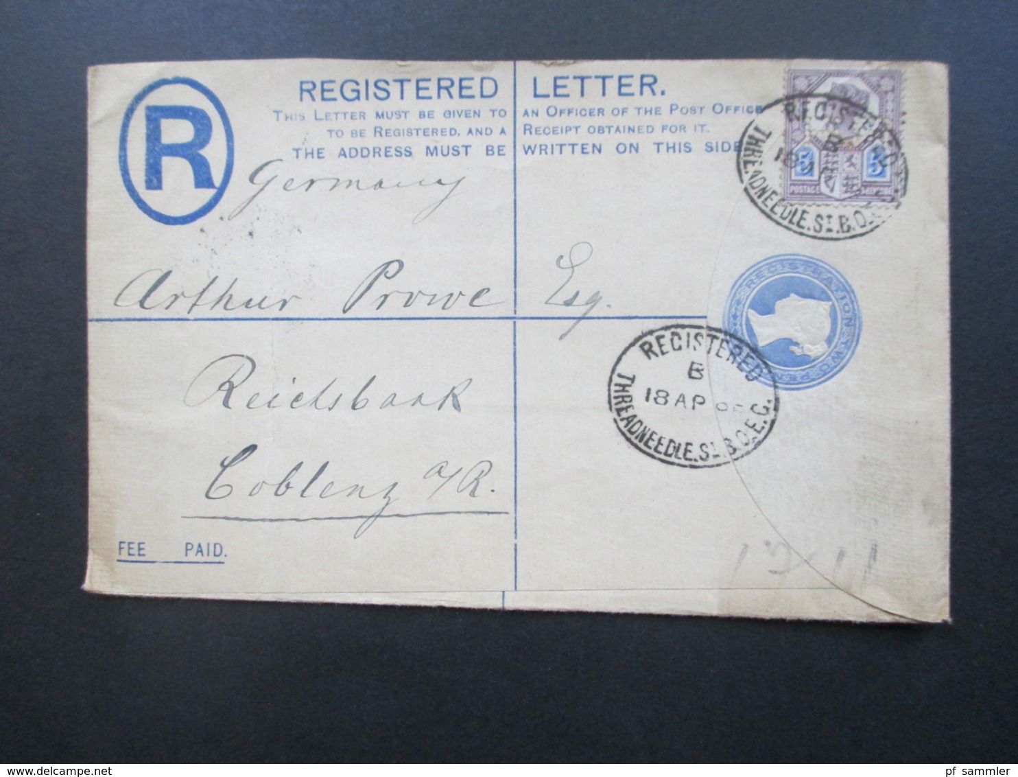 GB 1895 Nr. 93 Mit Perfin / Firmenlochung Als Zusatzfrankatur Auf GA Einschreiben / Registered Threadneedle St. B.O.E.C. - Brieven En Documenten