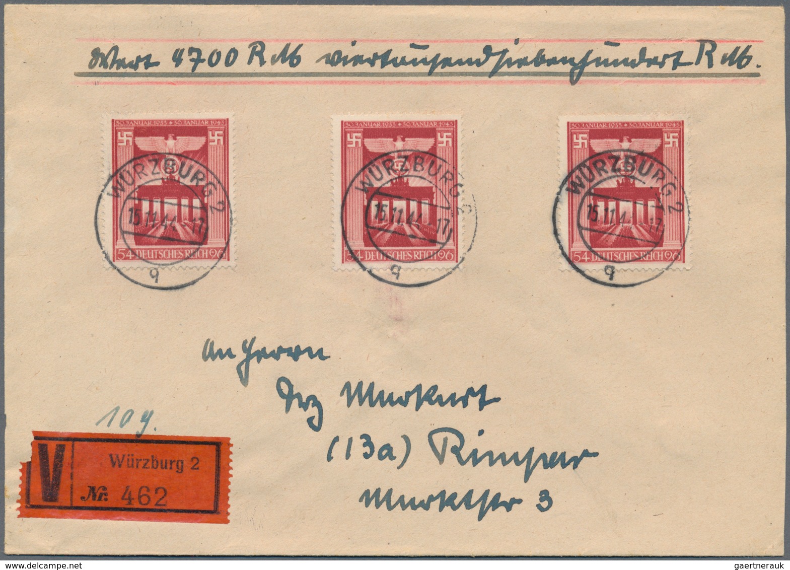 Deutsches Reich - 3. Reich: 1944, Lot von neun Wertbriefen mit portogerechten Mehrfachfrankaturen, d