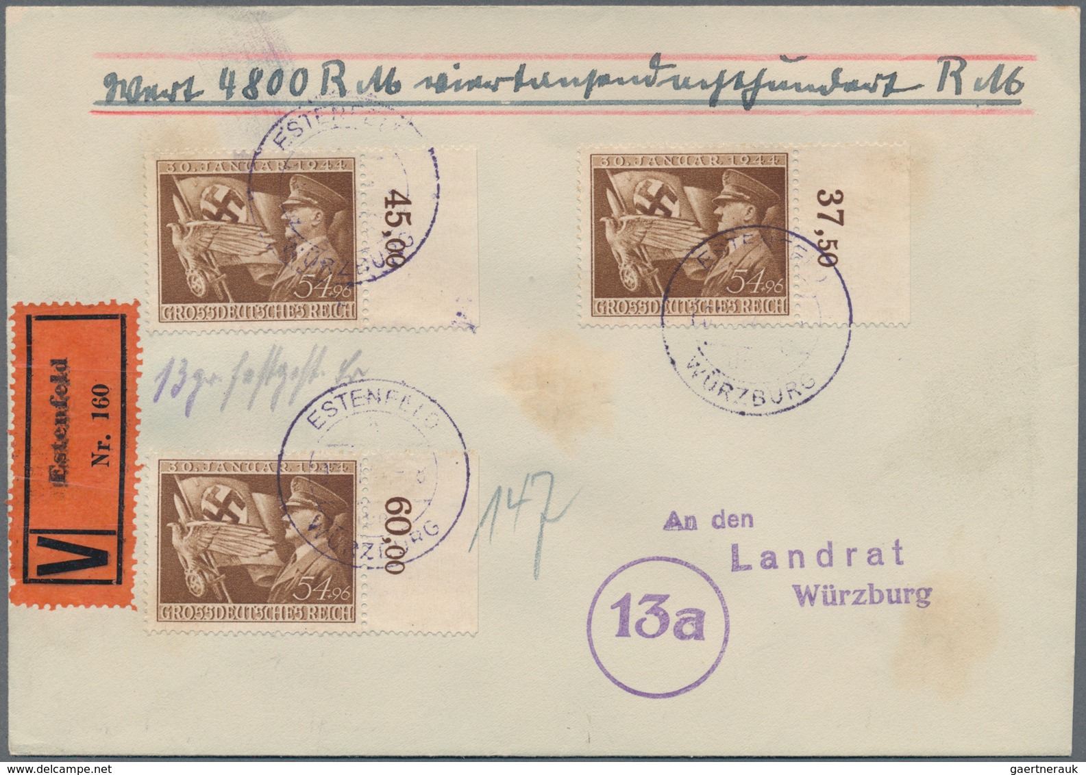Deutsches Reich - 3. Reich: 1944, Lot von neun Wertbriefen mit portogerechten Mehrfachfrankaturen, d