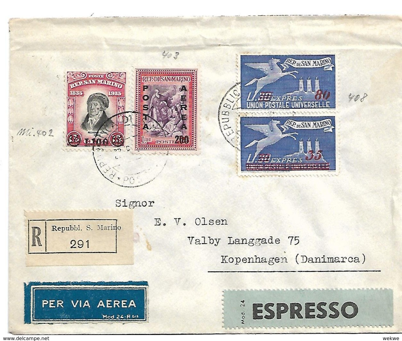 SM013/ Luftpost Express-Einschreiben, Pegasus San Marino Nach Dänemark - Lettres & Documents