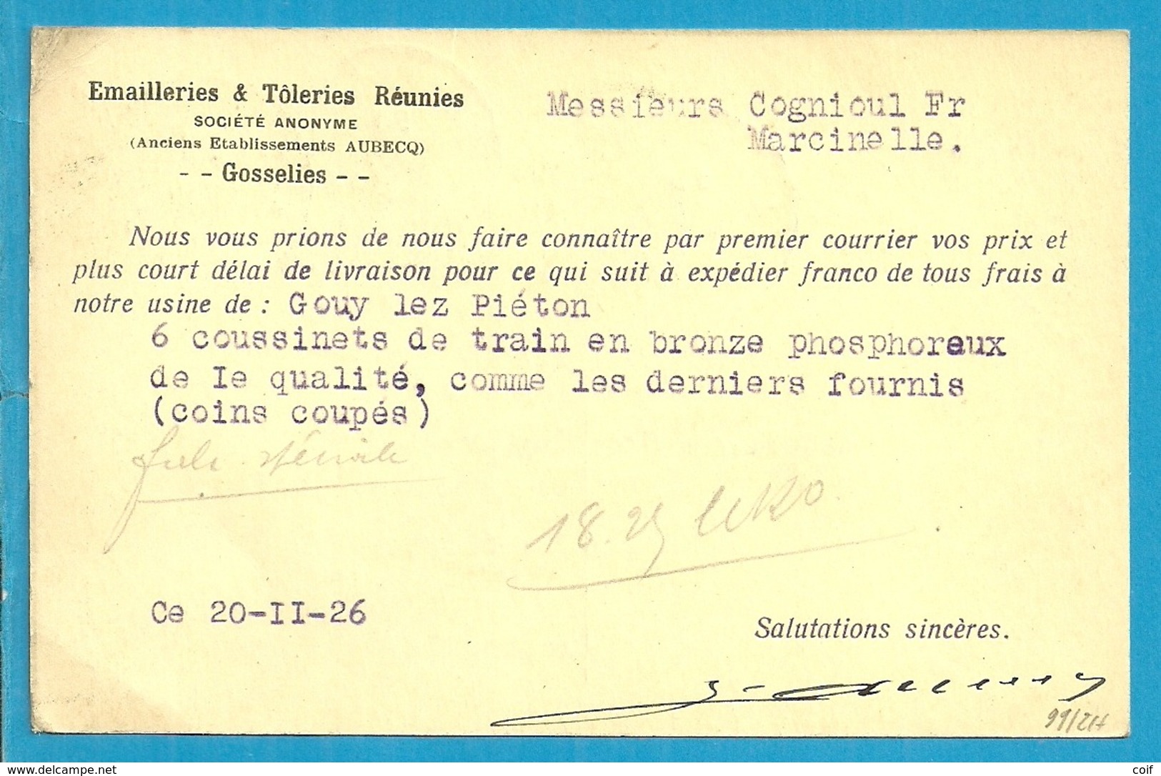 193 Op Entier Stempel GOSSELIES Met Firmaperforatie (perfin) "ETR" Van EMAILLERIES & TOLERIES REUNIES - 1909-34