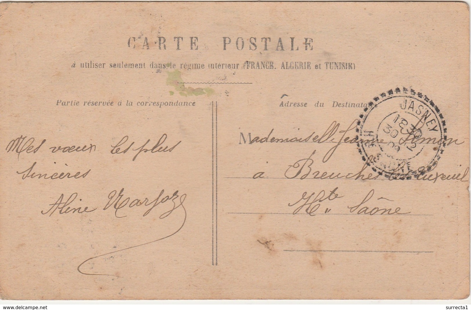 1900 / Cachet Pointillé De Jasney 70 / Carte Fantaisie Voeux De Narjoz Jasney / Pour Simon Breuches - Altri & Non Classificati