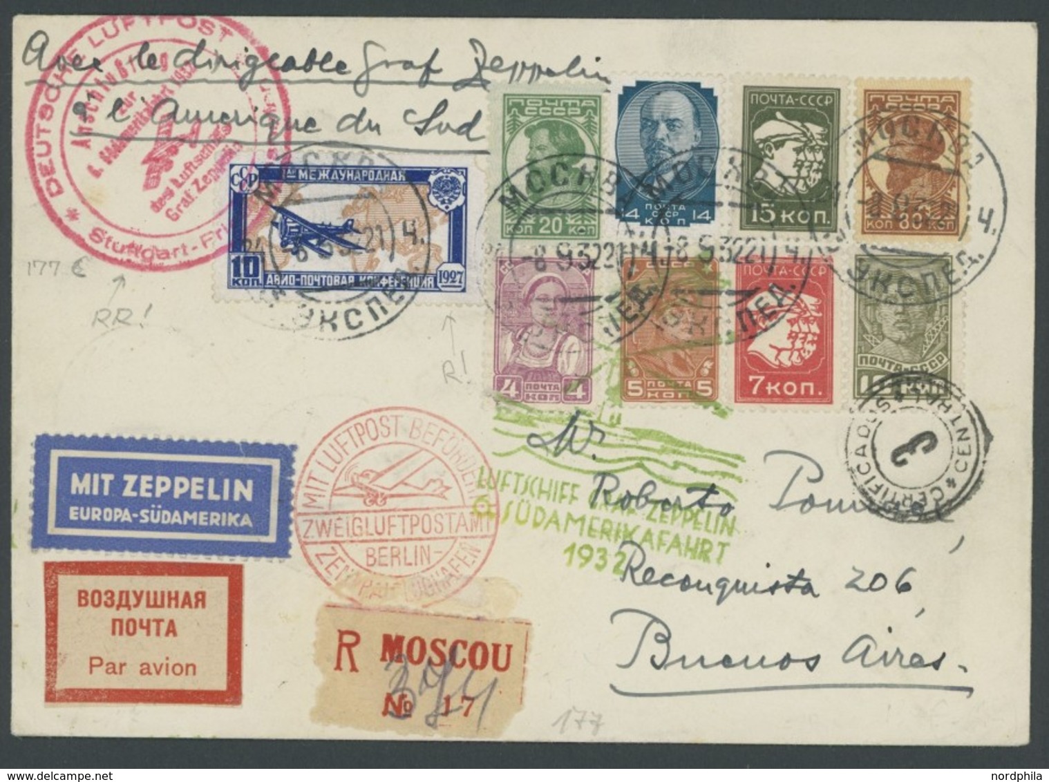 ZULEITUNGSPOST 177C BRIEF, Russland: 1932. 6. Südamerikafahrt, Anschlussflug Ab Stuttgart, Einschreibbrief, Pracht, R! - Airmail & Zeppelin