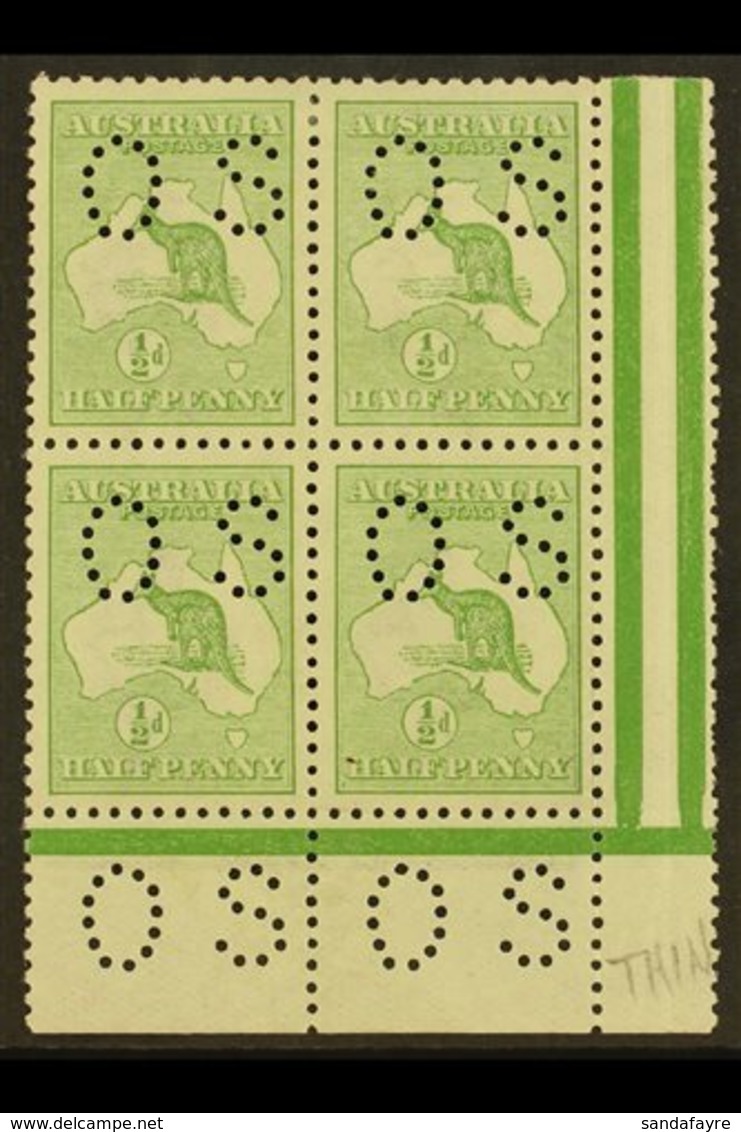 OFFICIALS  1913 ½d Pale Green, Punctured "O S" (smaller Letters, SG Type O2), Corner Marginal Block Of 4, SG O16, Very F - Other & Unclassified