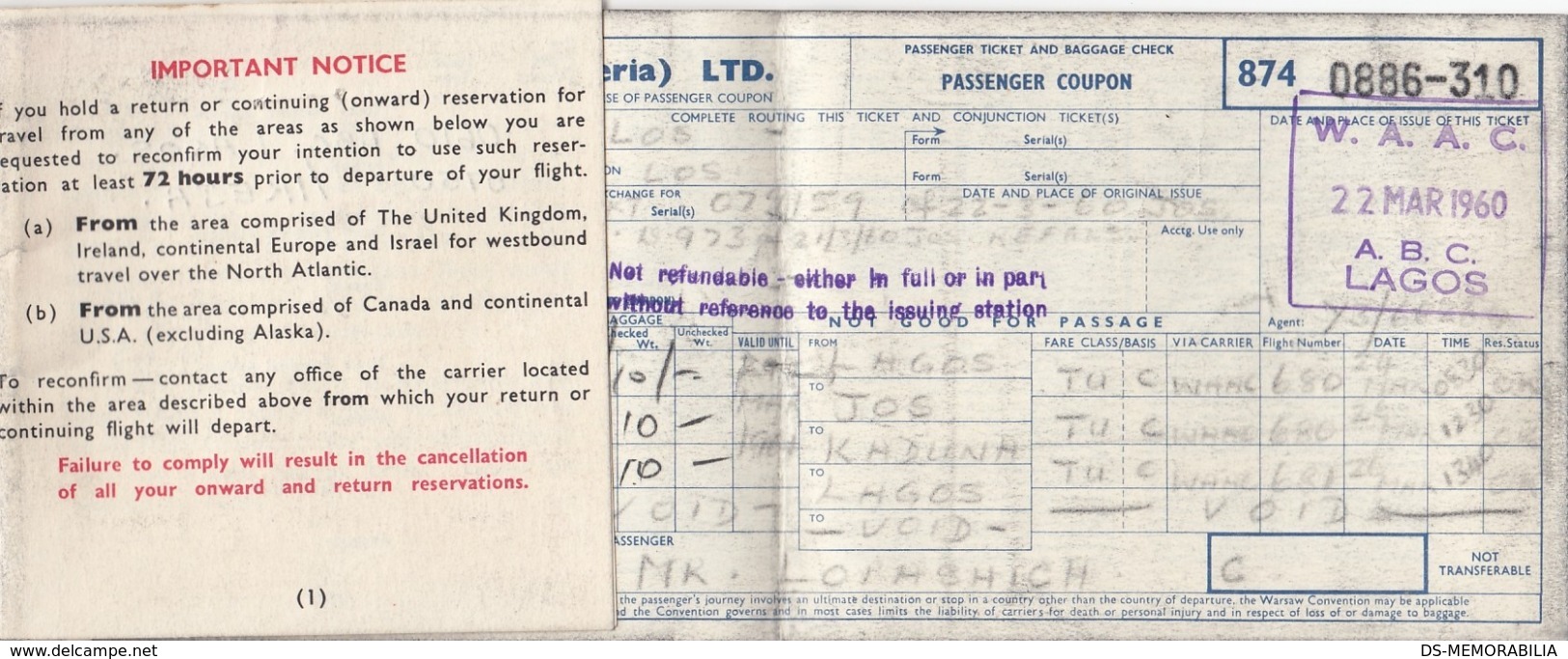 WAAC NIGERIAN AIRWAYS PASSENGER TICKET & BAGGAGE CHECK LAGOS 1960 - World